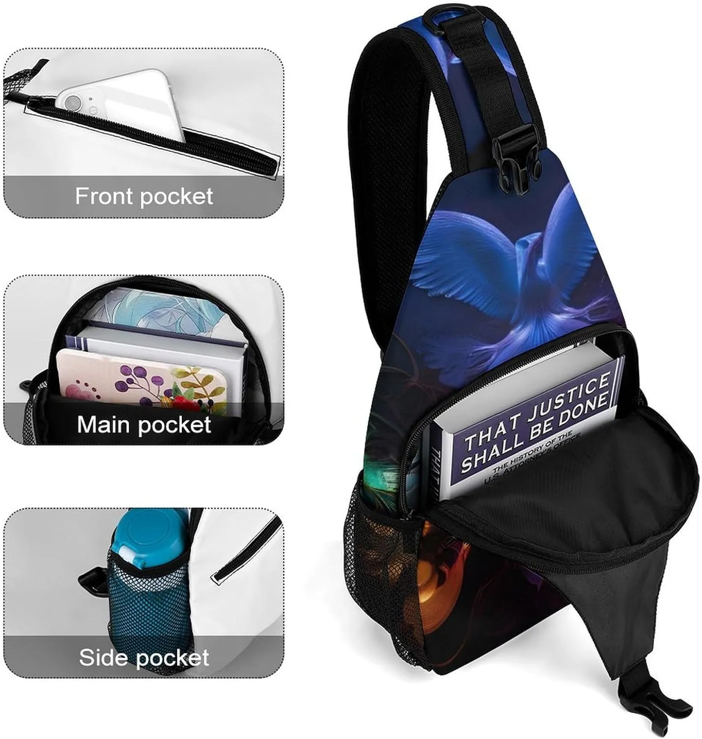 Sling Bag Backpack for Men Women Multipurpose Anti-Theft Outdoor Sport Daypack Travel Bag Tactical Satchel, Colorful Fire Flame Phoenix Black Art Chest Day Backpack