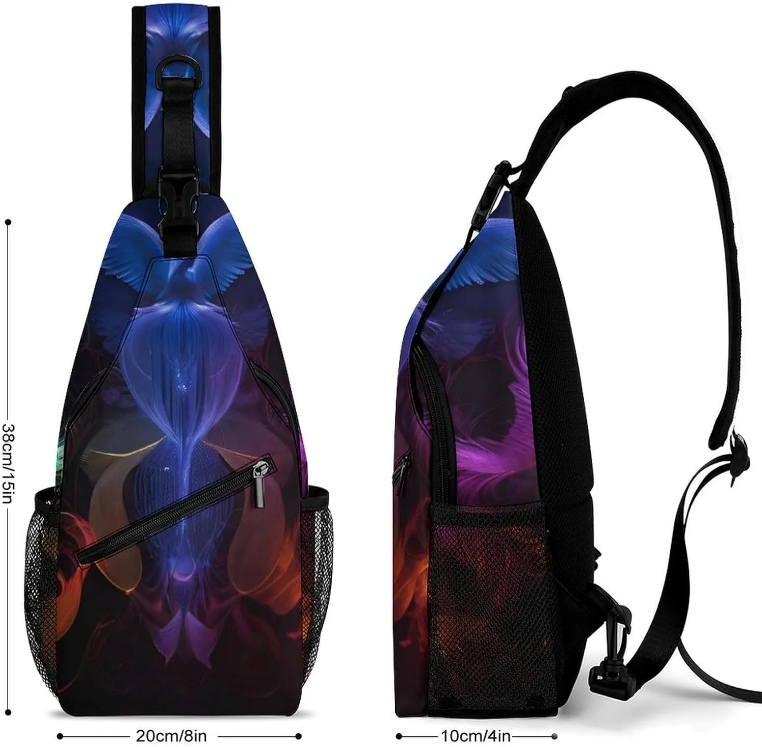 Sling Bag Backpack for Men Women Multipurpose Anti-Theft Outdoor Sport Daypack Travel Bag Tactical Satchel, Colorful Fire Flame Phoenix Black Art Chest Day Backpack