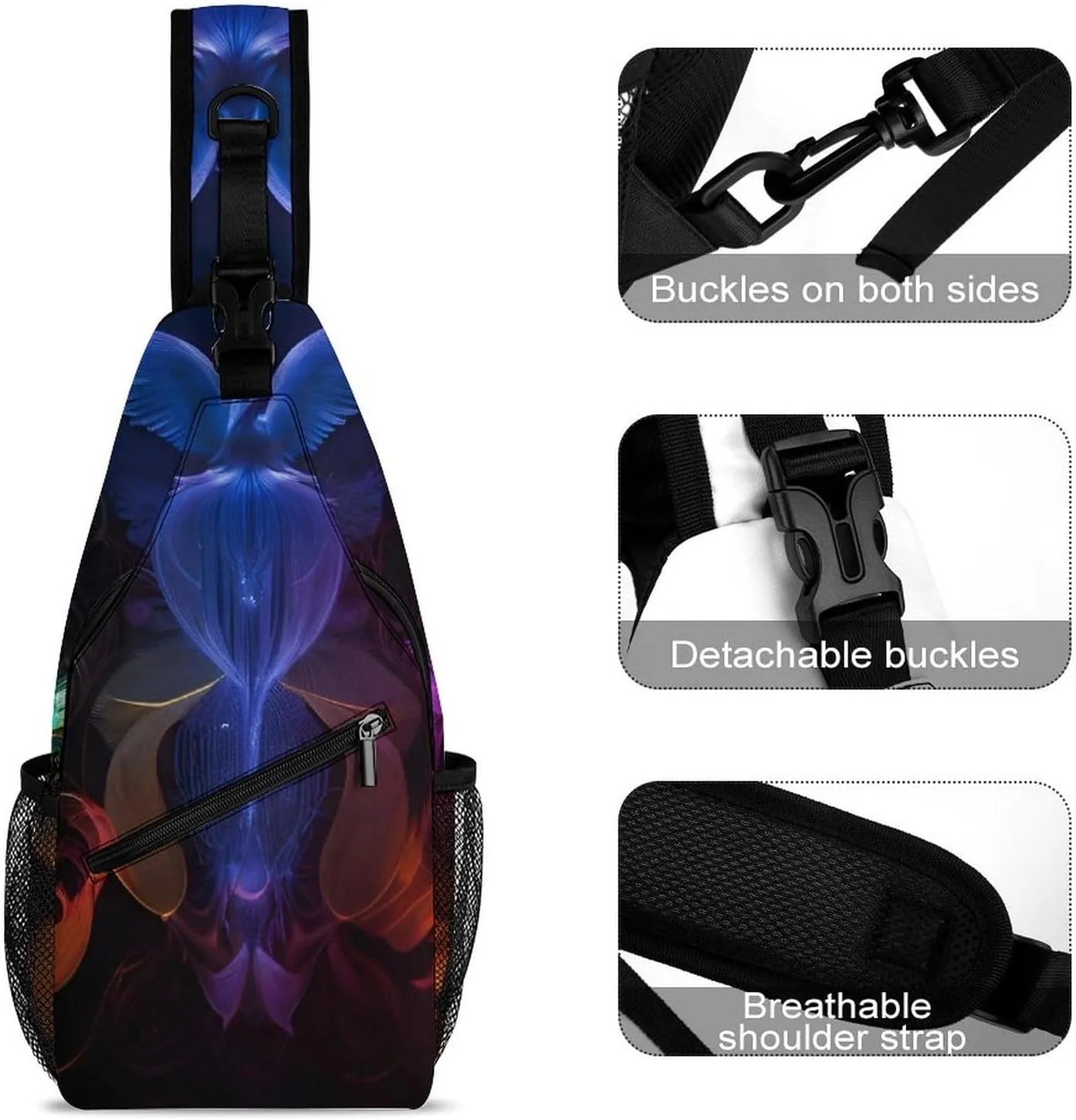 Sling Bag Backpack for Men Women Multipurpose Anti-Theft Outdoor Sport Daypack Travel Bag Tactical Satchel, Colorful Fire Flame Phoenix Black Art Chest Day Backpack