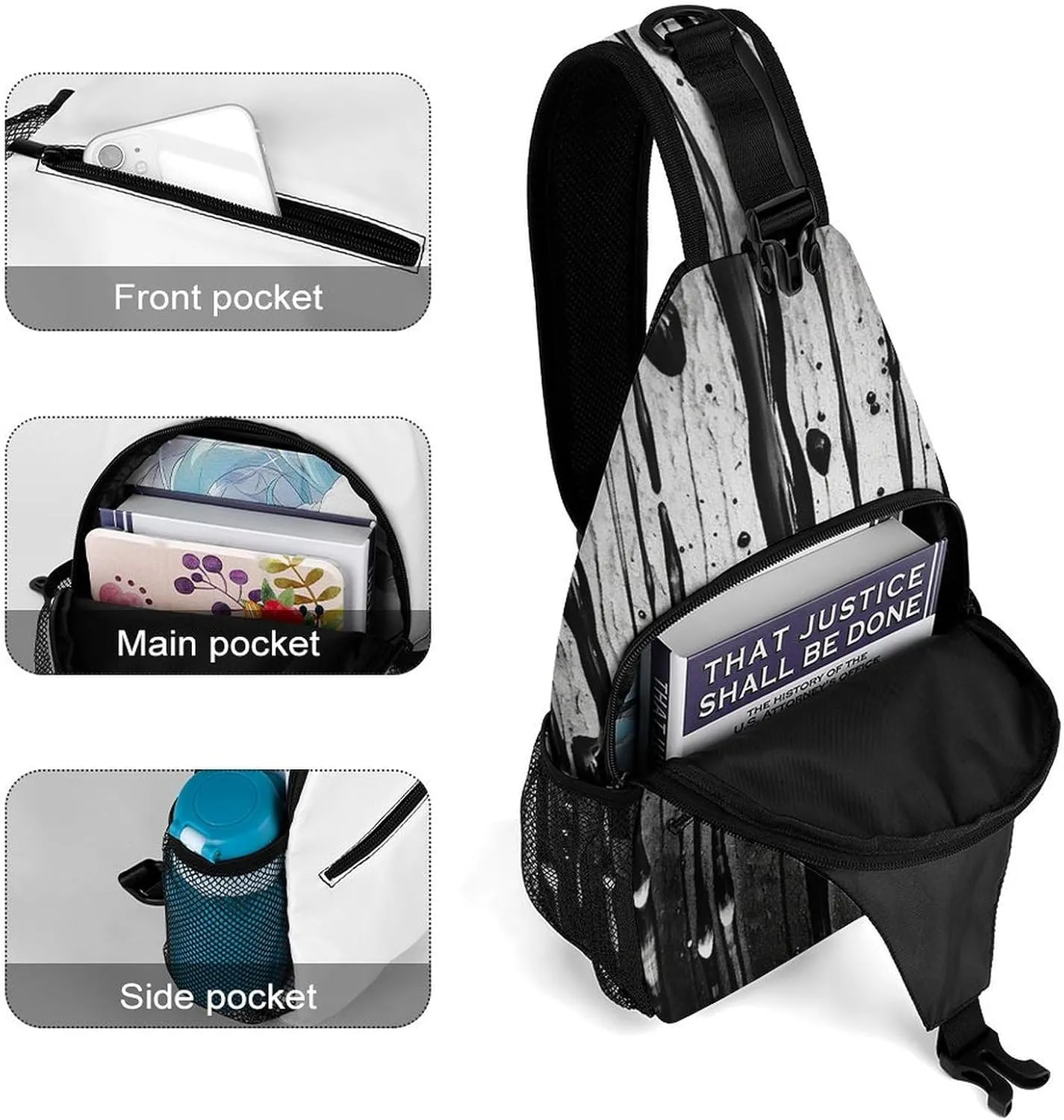 Sling Bag Crossbody Backpack for Men Women Black Ink Drops Chest Bag Crossbody Bag for Travel Sport Running