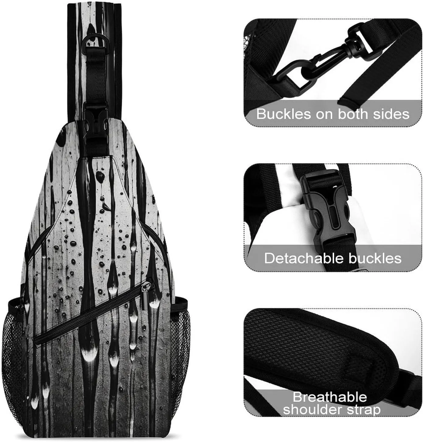 Sling Bag Crossbody Backpack for Men Women Black Ink Drops Chest Bag Crossbody Bag for Travel Sport Running