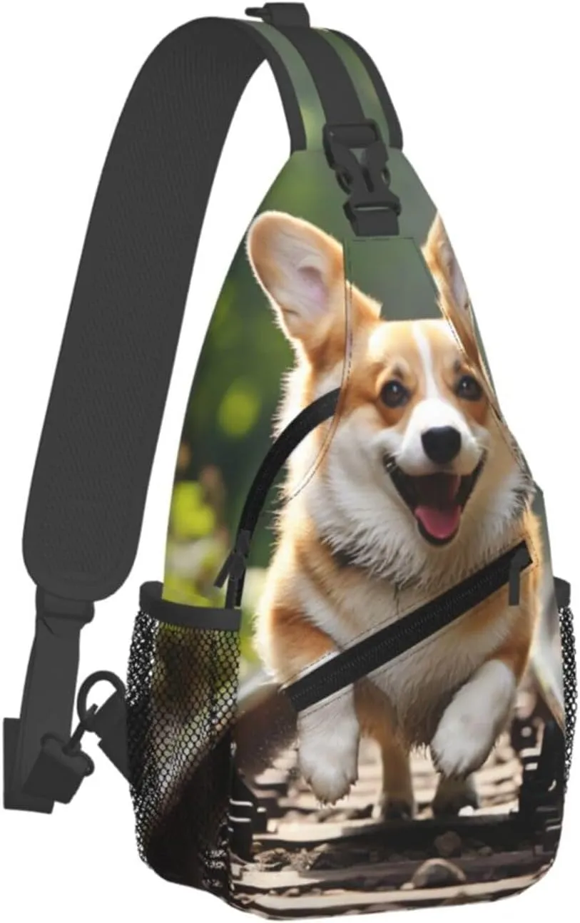 Sling Bag for Men Women Crossbody Backpack Corgi Dog Running on The Railroad Crossbody Bag Chest Bag for Travel Sport