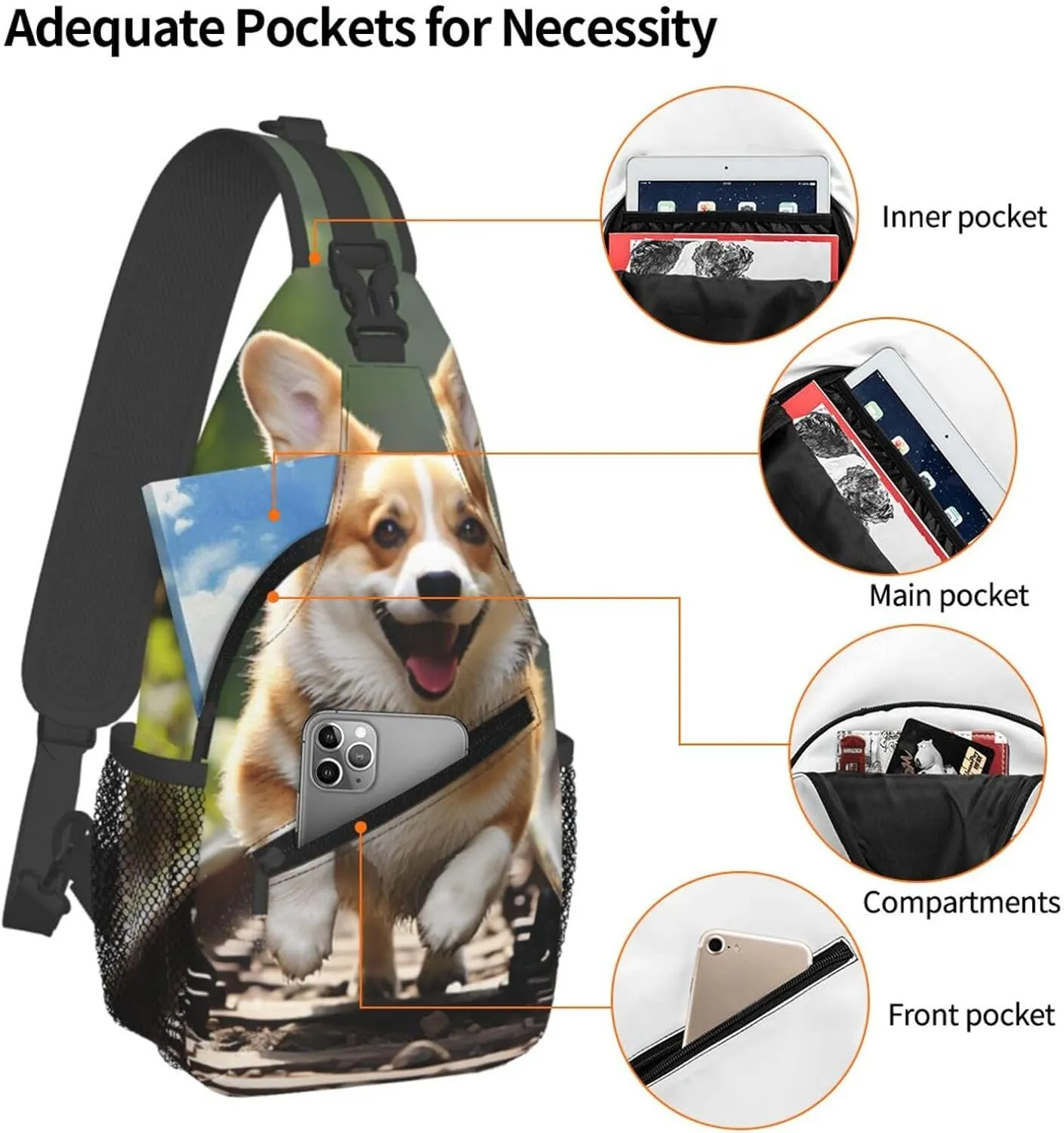 Sling Bag for Men Women Crossbody Backpack Corgi Dog Running on The Railroad Crossbody Bag Chest Bag for Travel Sport