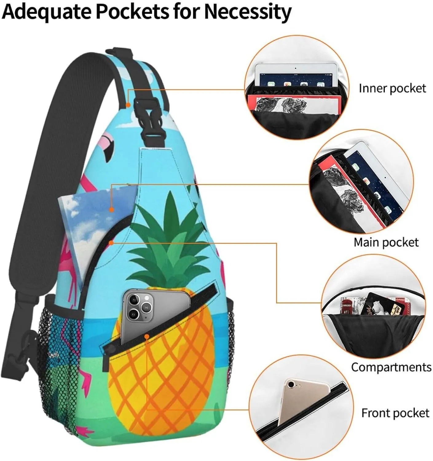 Sling Bag for Men Women Crossbody Backpack Flamingos and Pineapples Crossbody Bag Chest Bag for Travel Sport