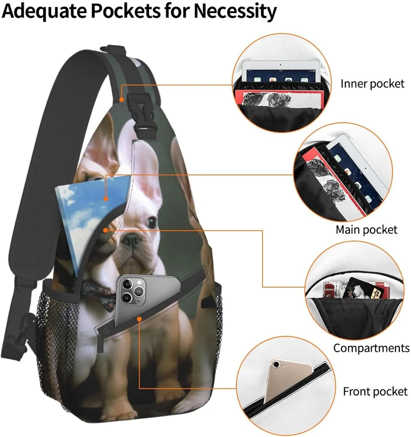 Sling Bag for Women Men Crossbody Bag Small Sling Backpack French bulldog puppies Chest Bag Hiking Daypack