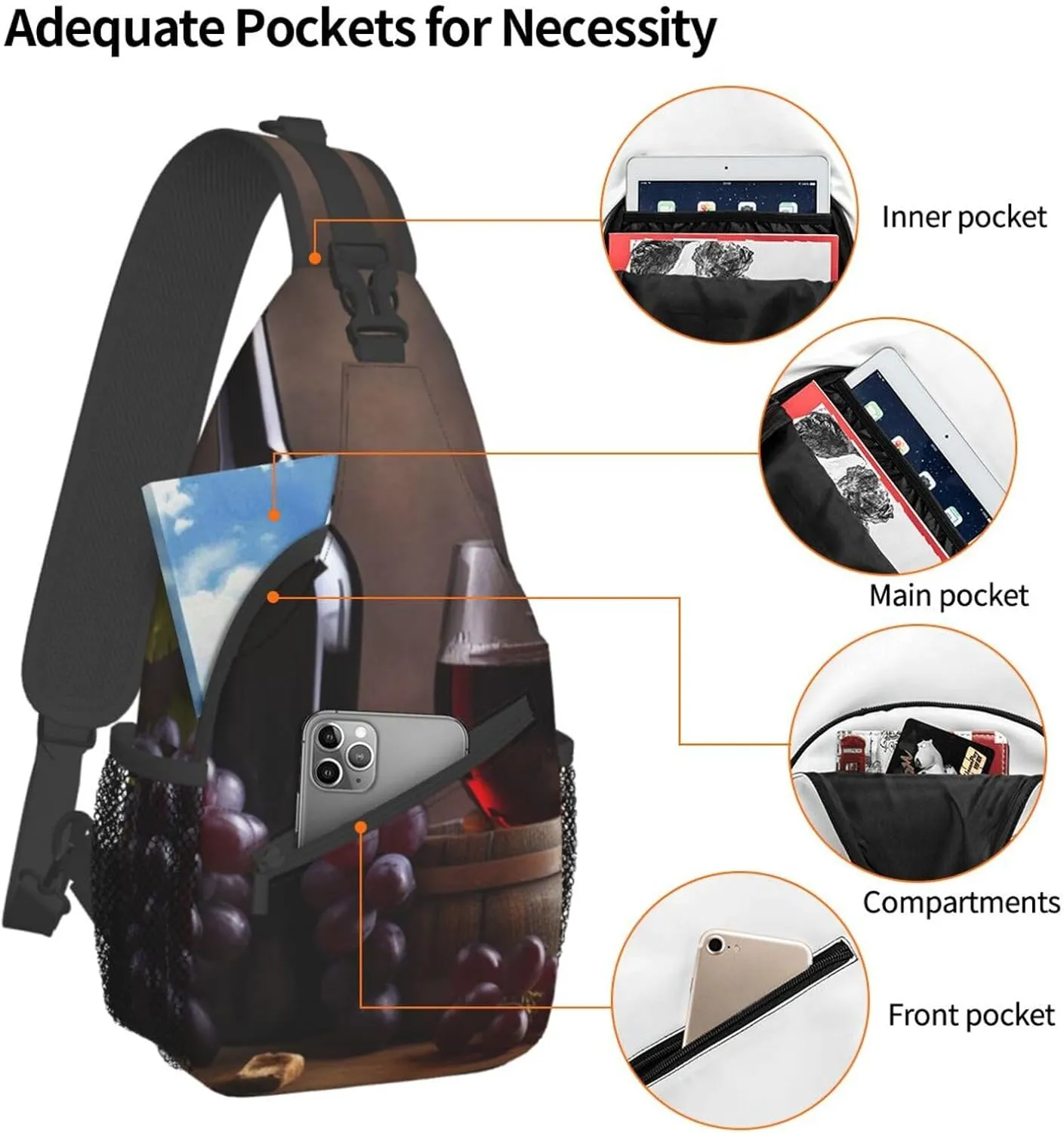Sling Bag for Women Men Crossbody Bag Small Sling Backpack Grape Wine Chest Bag Hiking Daypack