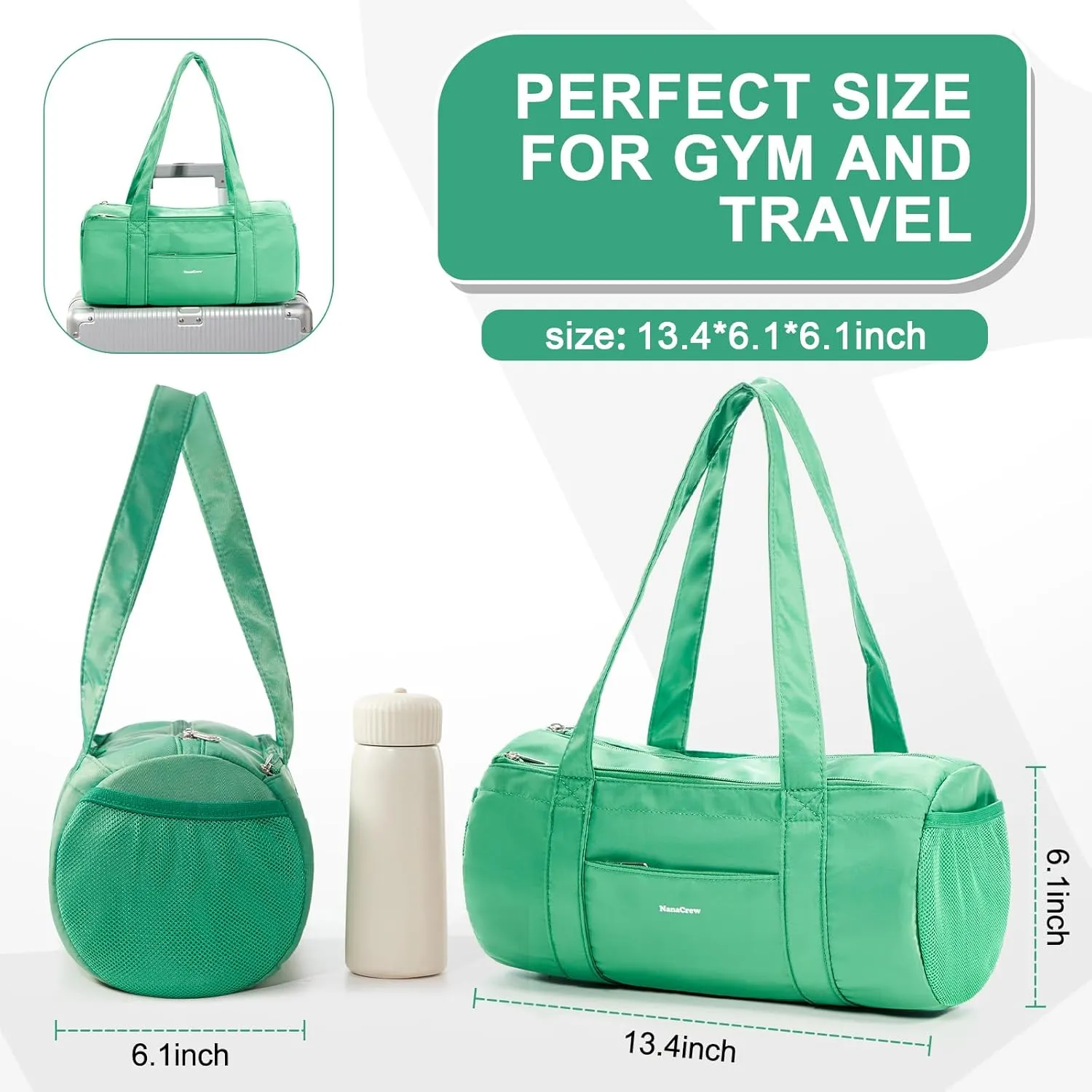 Small Gym Bag 13.78"x6.7"x6.7" Carry On Duffel Bag, Mini Personal Item Bag Lightweight Tote Weekender Overnight Bags for Women and Men Sports, Traveling, Swimming, Yoga (Green)