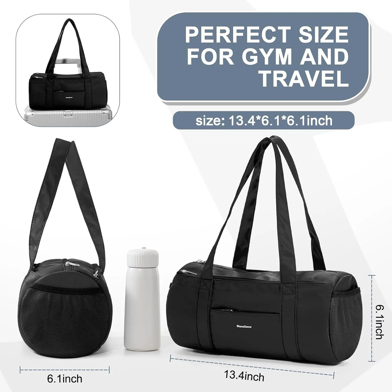 Small Gym Bag 13.78"x6.7"x6.7" Duffel Carry On Bag, Mini Personal Item Lightweight Tote Weekender Overnight Bags for Women and Men Sports, Traveling, Swimming, Yoga (Black)