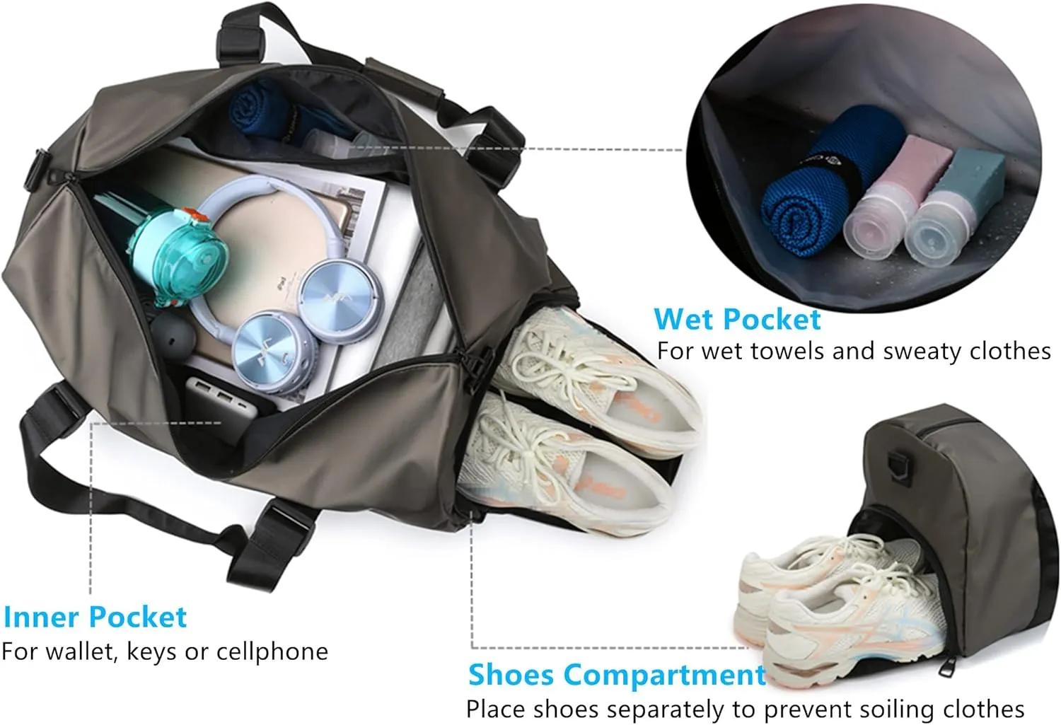 Small Gym Bag for Men, Travel Sport Bag with Shoe Compartment and Wet Pocket, Big Capacity Weekend Overnight Bag with Shoulder Strap for Gym Sport Travel Swimming Camping (Black)