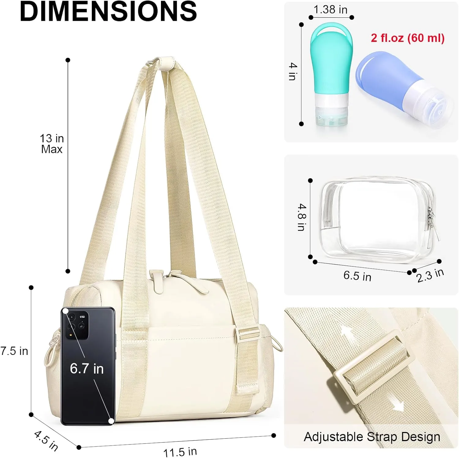 Small Gym Bag for Women - Mini Gym Duffle Bag 4 PCS Set with Wet Compartment, Small Travel Tote Cute Workout Sport Bag with Toiletry Cosmetic Silicone Travel Bottles