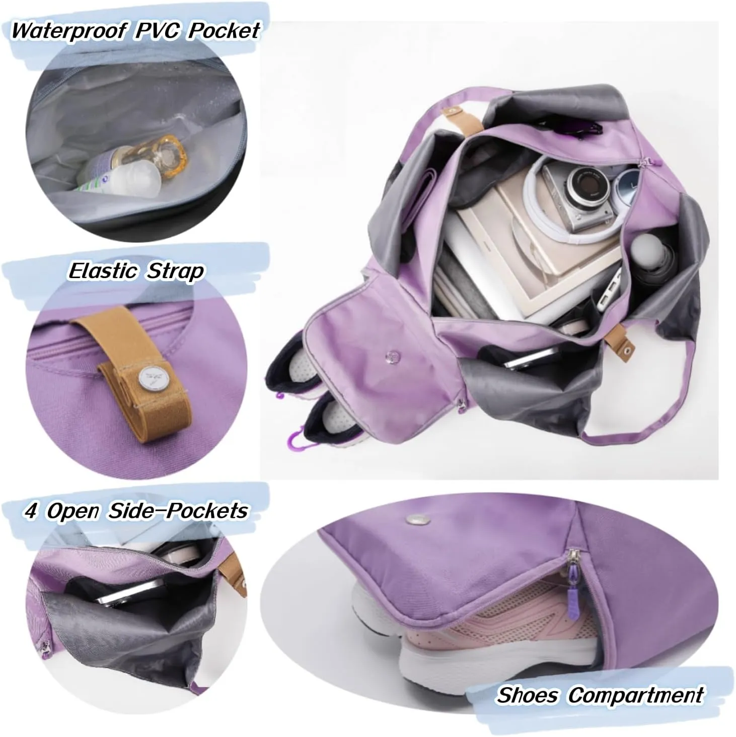 Small Gym Bag for Women with Shoe Compartment & Wet Pocket Sports Travel Duffel Bag,Yoga Gym Totes With Mat Holder,Waterproof Carry On Weekender Overnight Bag (Purple)