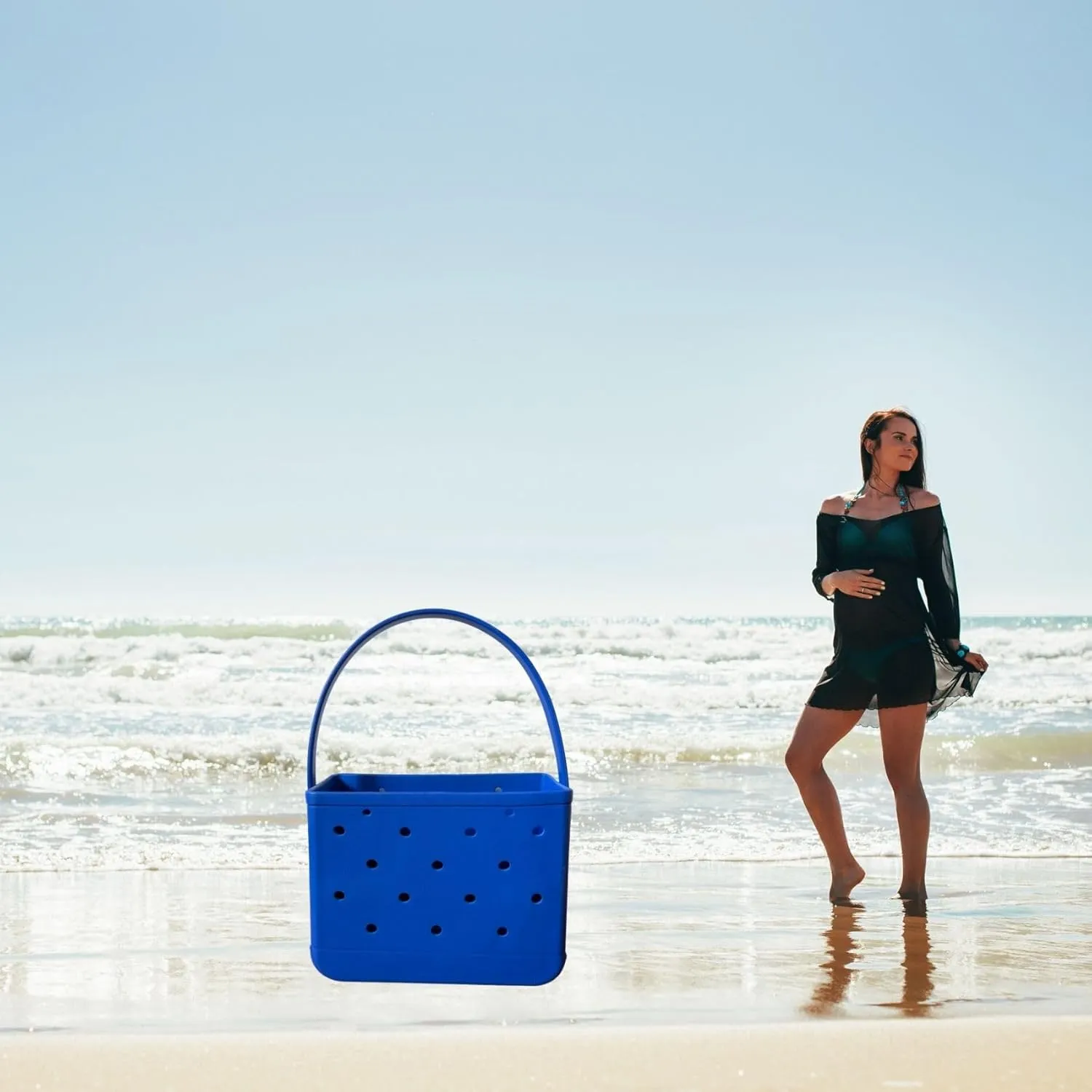 Small Rubber Beach Tote Bag, Open Top Portable Outdoor Travel Bag for Beach Picnic Pool Outings