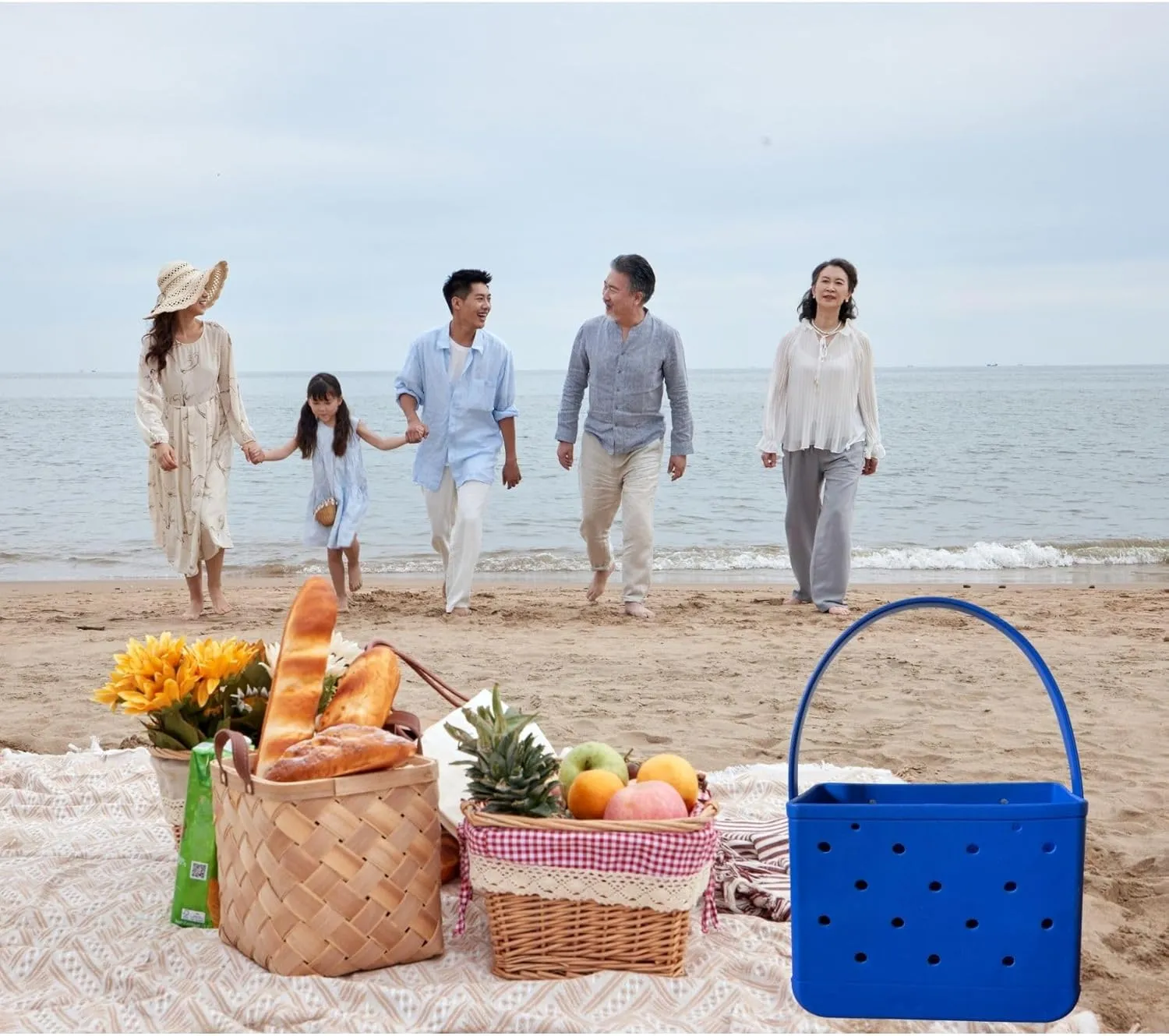 Small Rubber Beach Tote Bag, Open Top Portable Outdoor Travel Bag for Beach Picnic Pool Outings