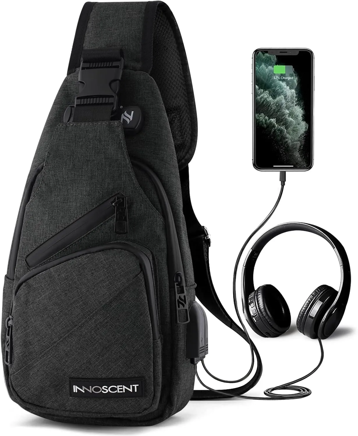 Smell Proof Sling Bag Backpack - COMBINATION LOCK - Shoulder Crossbody Bag With USB/Headphone Charging Port Black