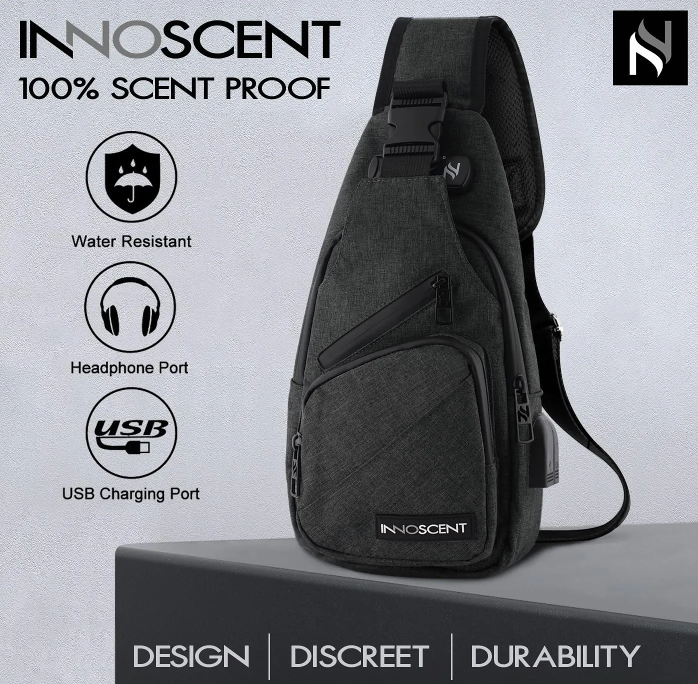 Smell Proof Sling Bag Backpack - COMBINATION LOCK - Shoulder Crossbody Bag With USB/Headphone Charging Port Black