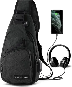 Smell Proof Sling Bag Backpack - COMBINATION LOCK - Shoulder Crossbody Bag With USB/Headphone Charging Port Black