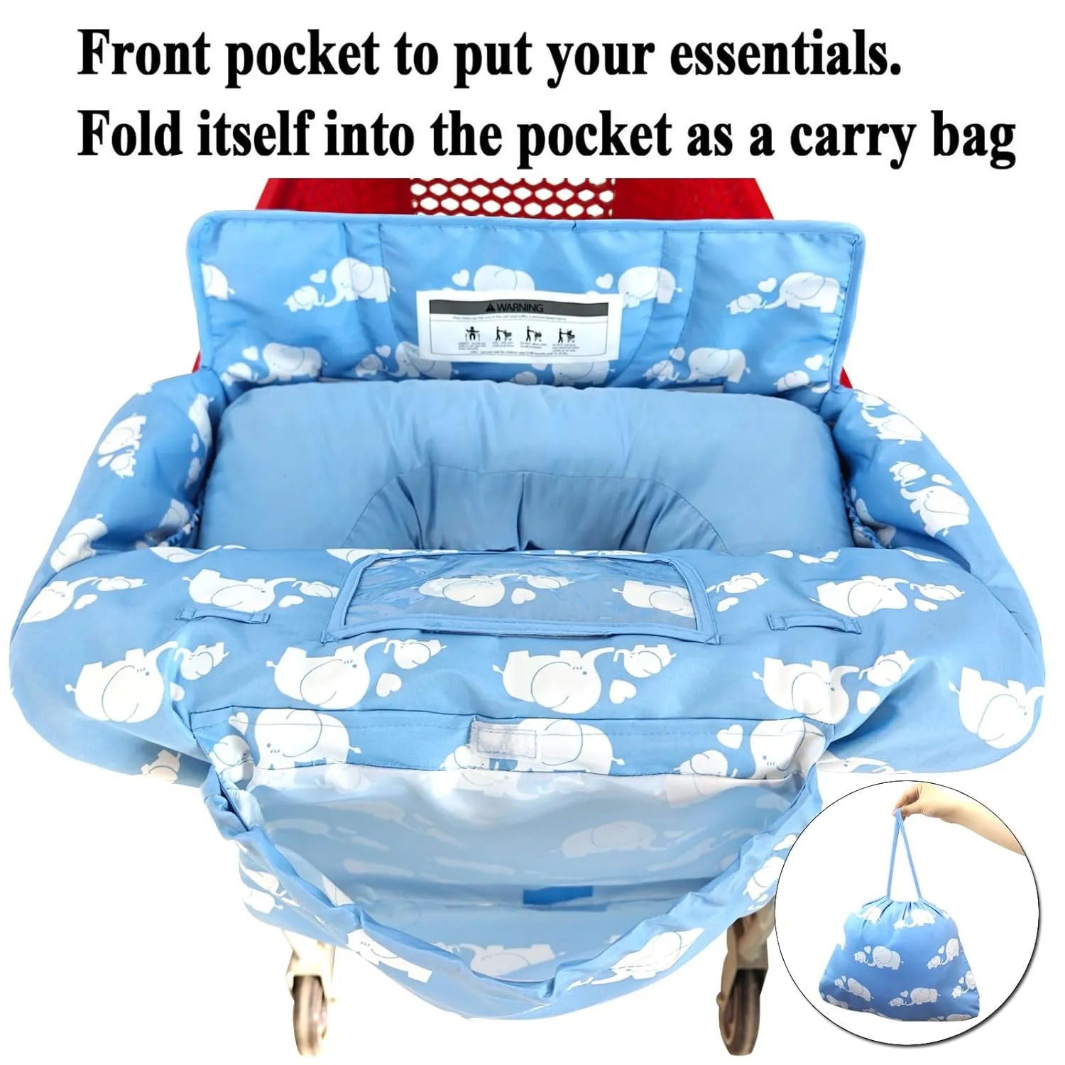 Soft Pillow Attached 2-in-1 Shopping Cart and High Chair Cover for Baby, Cotton Padded Cart Cover, Fold'n Roll Style, Portable with Carry Bag (Blue Elephant)