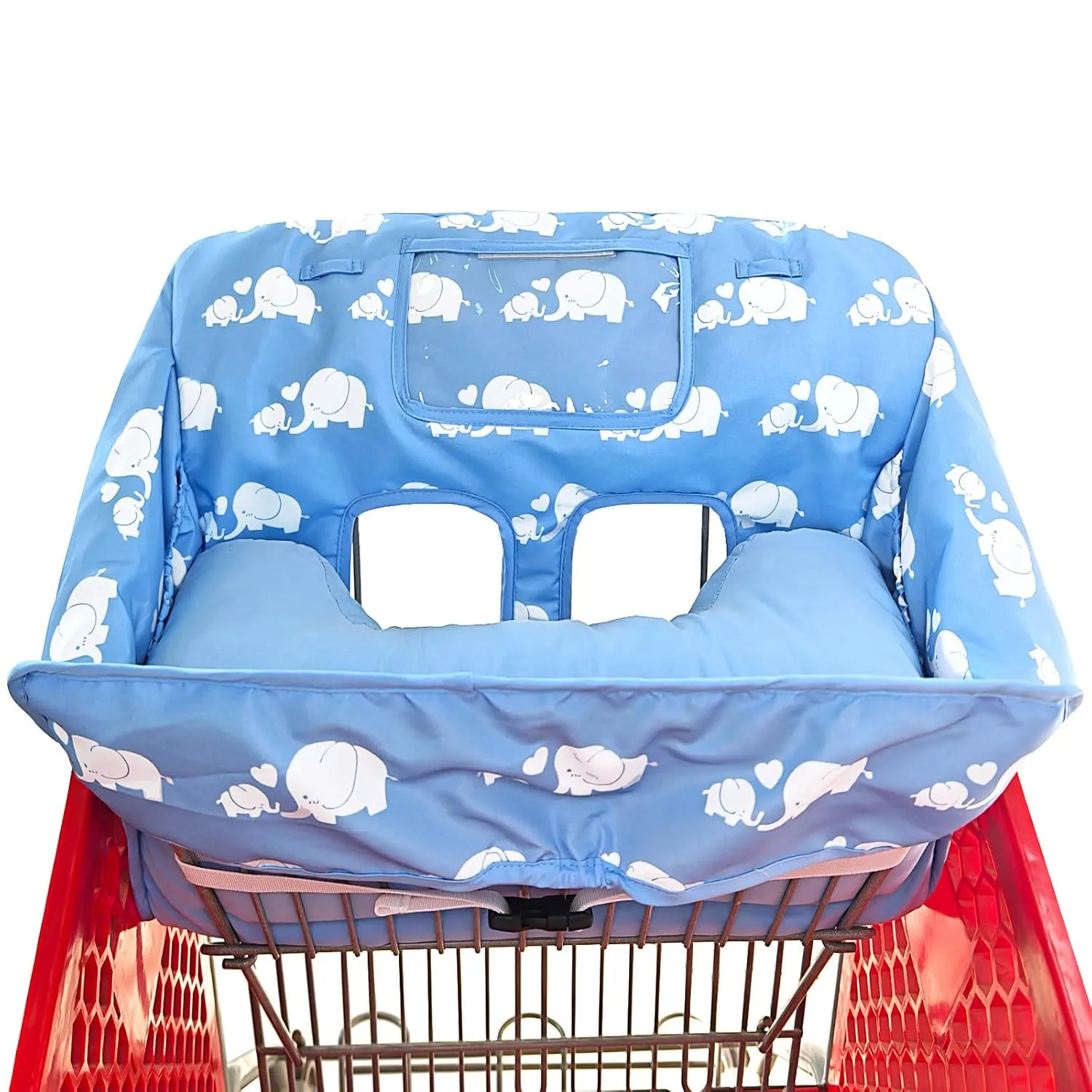 Soft Pillow Attached 2-in-1 Shopping Cart and High Chair Cover for Baby, Cotton Padded Cart Cover, Fold'n Roll Style, Portable with Carry Bag (Blue Elephant)