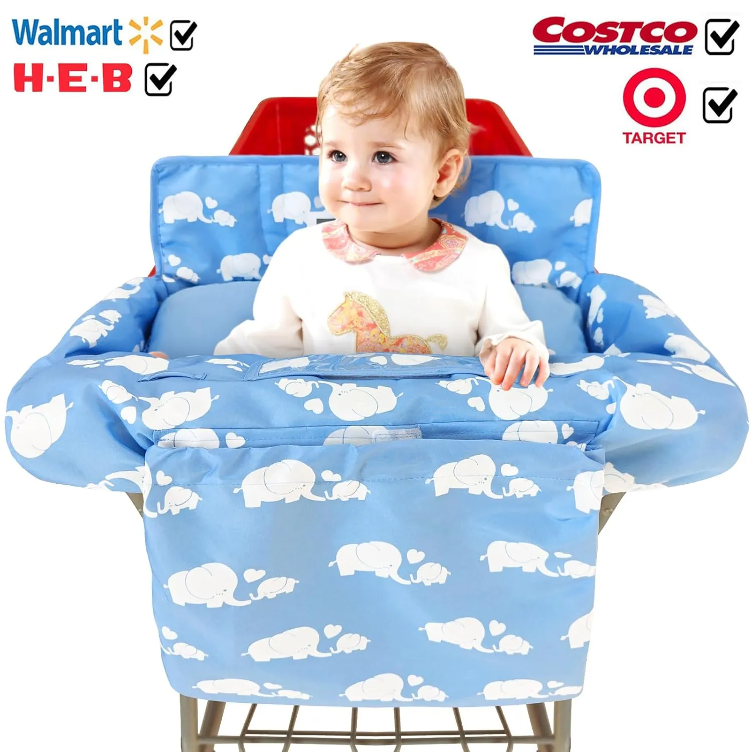 Soft Pillow Attached 2-in-1 Shopping Cart and High Chair Cover for Baby, Cotton Padded Cart Cover, Fold'n Roll Style, Portable with Carry Bag (Blue Elephant)
