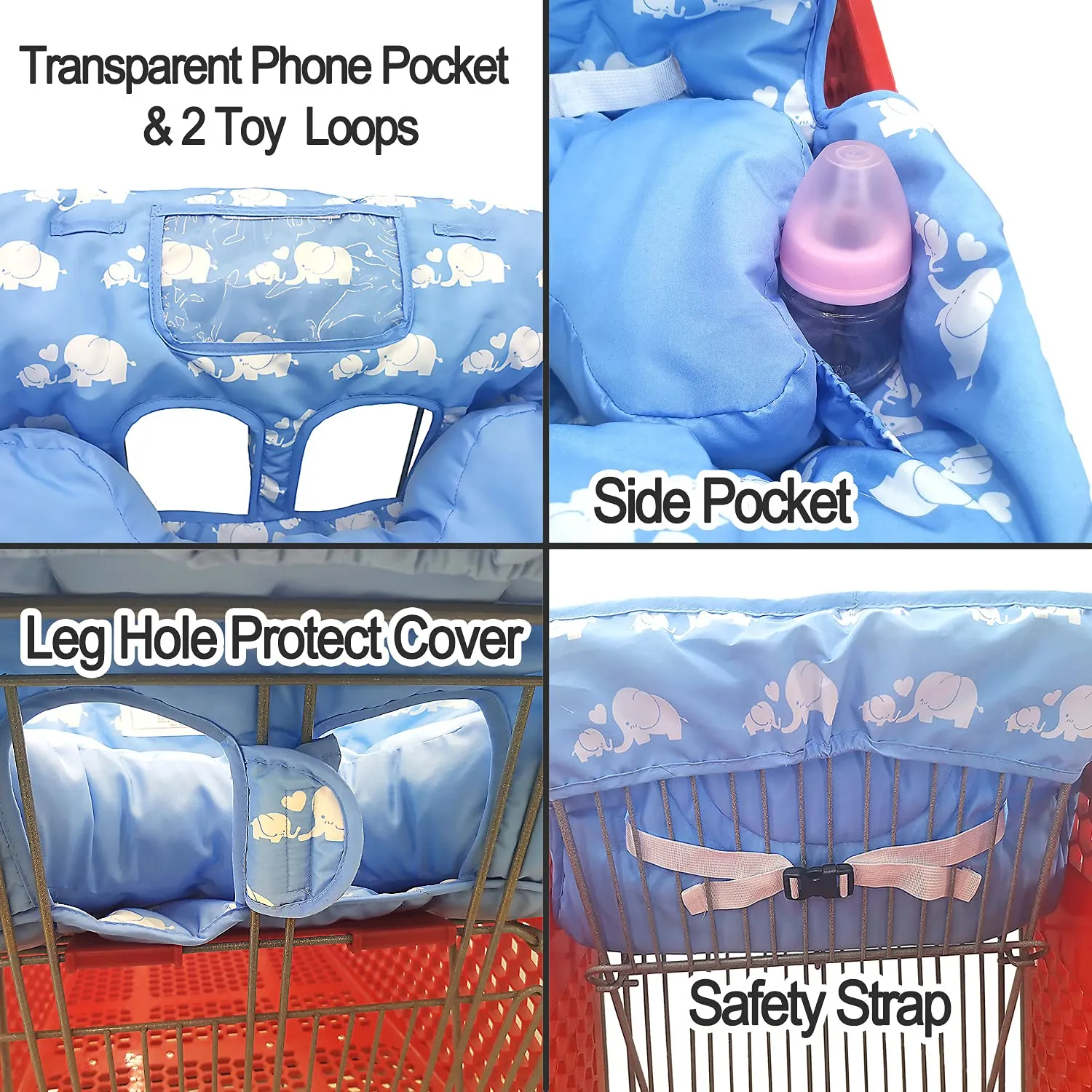 Soft Pillow Attached 2-in-1 Shopping Cart and High Chair Cover for Baby, Cotton Padded Cart Cover, Fold'n Roll Style, Portable with Carry Bag (Blue Elephant)