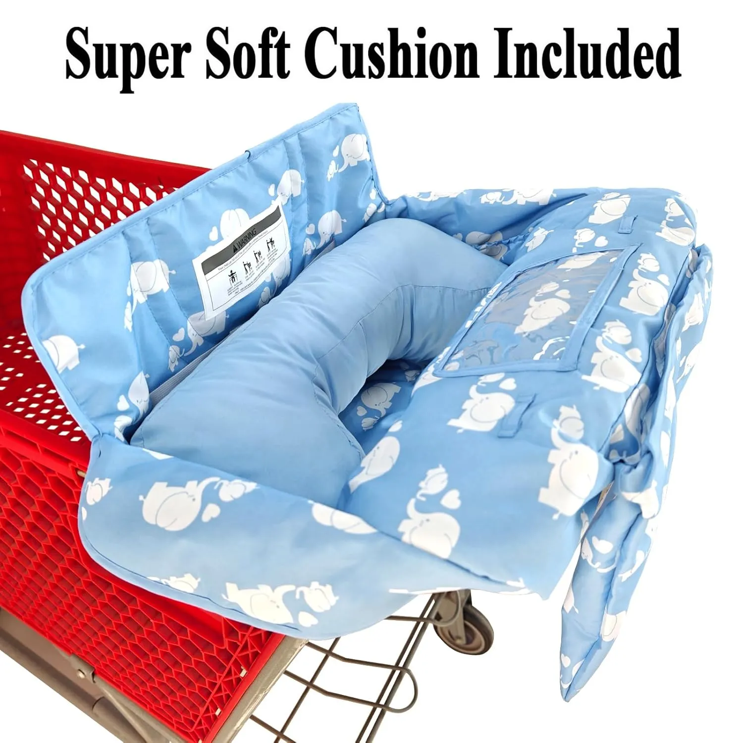 Soft Pillow Attached 2-in-1 Shopping Cart and High Chair Cover for Baby, Cotton Padded Cart Cover, Fold'n Roll Style, Portable with Carry Bag (Blue Elephant)
