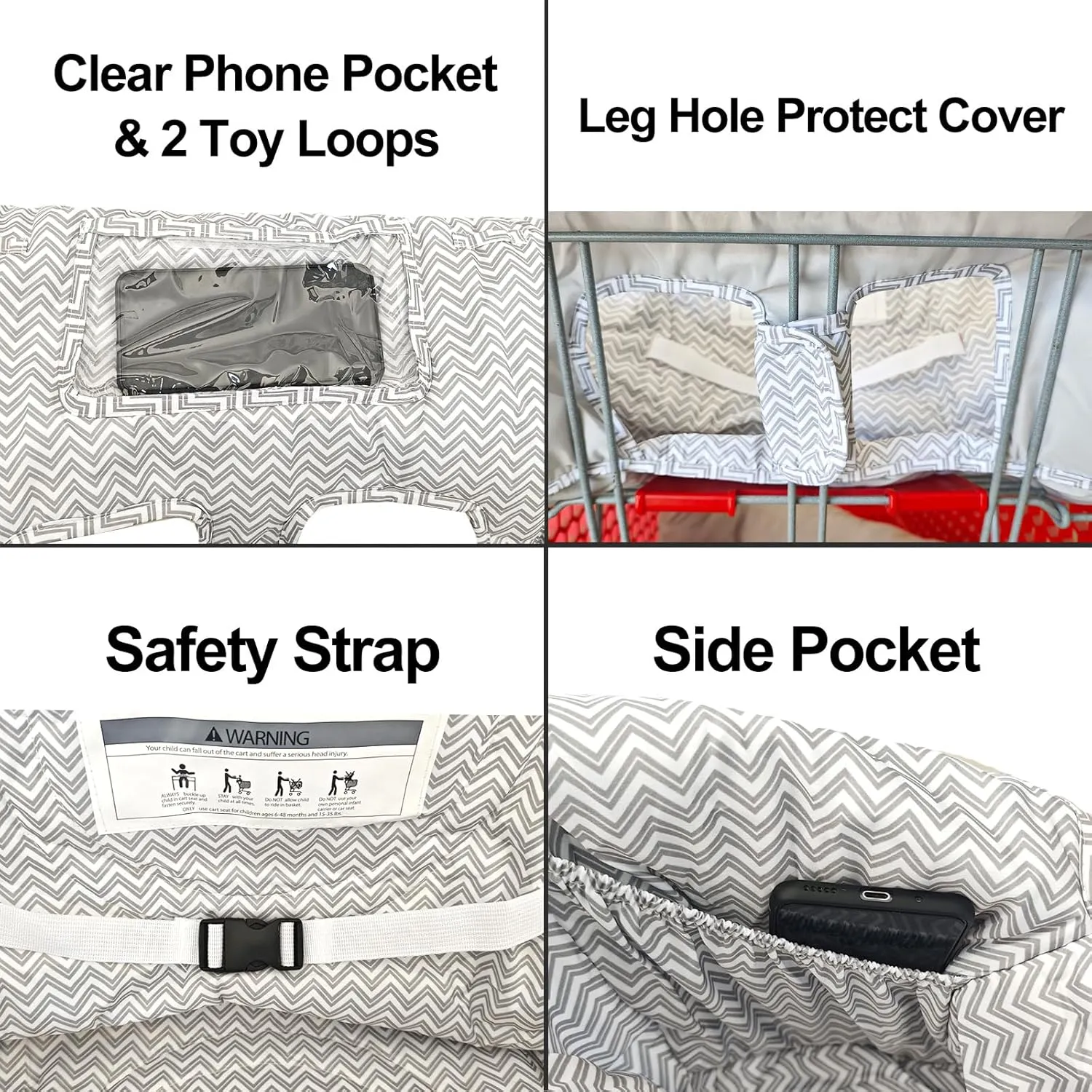 Soft Pillow Attached 2-in-1 Shopping Cart and High Chair Cover for Baby, Cotton Padded Cart Cover, Fold'n Roll Style, Portable with Carry Bag (Gray Chevron)