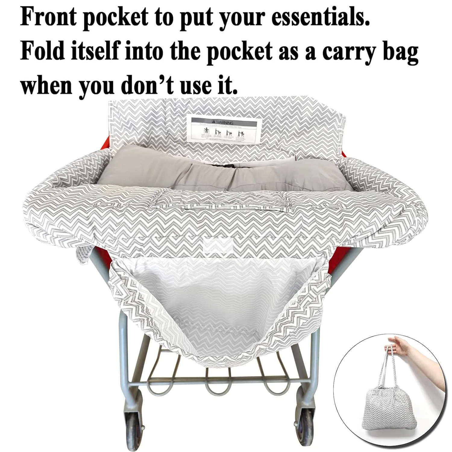 Soft Pillow Attached 2-in-1 Shopping Cart and High Chair Cover for Baby, Cotton Padded Cart Cover, Fold'n Roll Style, Portable with Carry Bag (Gray Chevron)