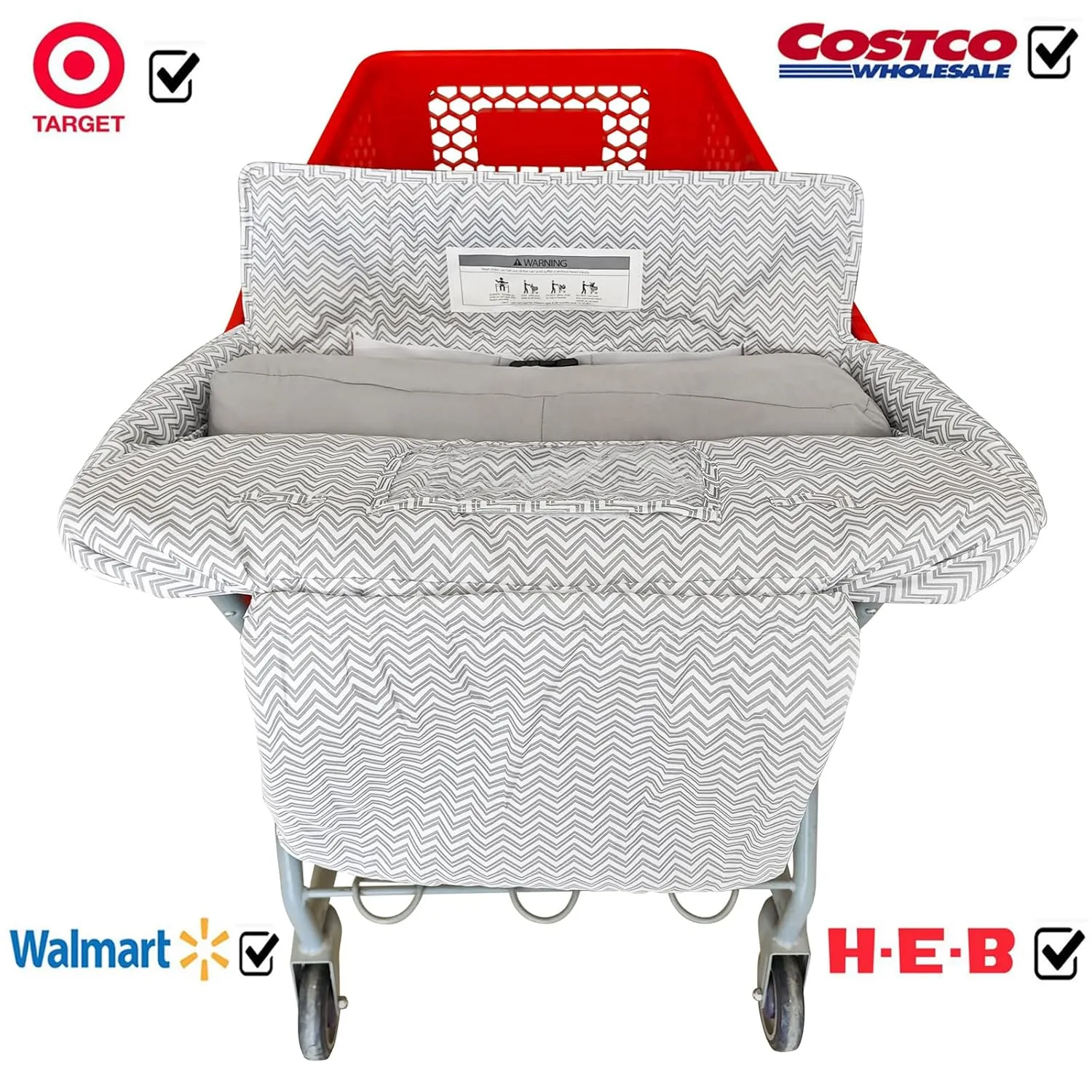 Soft Pillow Attached 2-in-1 Shopping Cart and High Chair Cover for Baby, Cotton Padded Cart Cover, Fold'n Roll Style, Portable with Carry Bag (Gray Chevron)