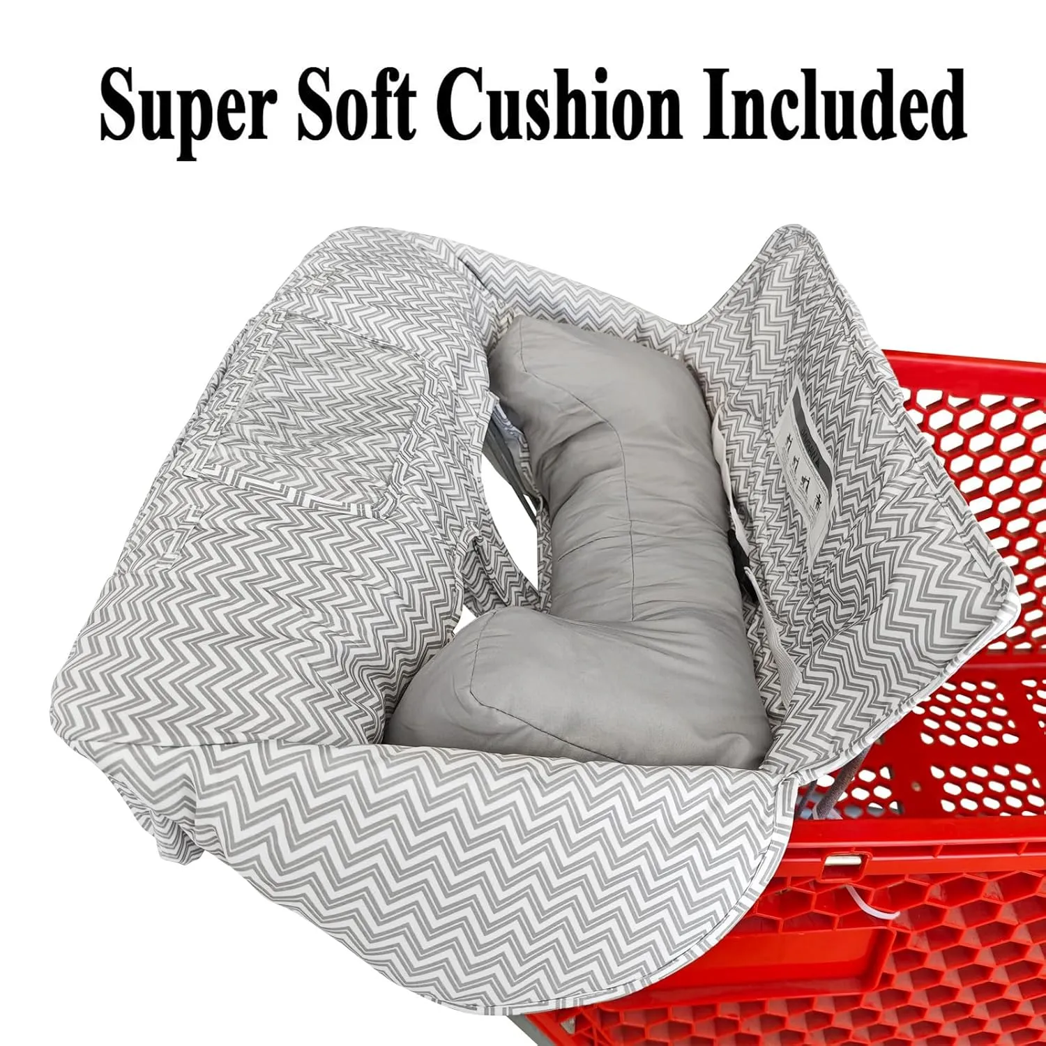 Soft Pillow Attached 2-in-1 Shopping Cart and High Chair Cover for Baby, Cotton Padded Cart Cover, Fold'n Roll Style, Portable with Carry Bag (Gray Chevron)