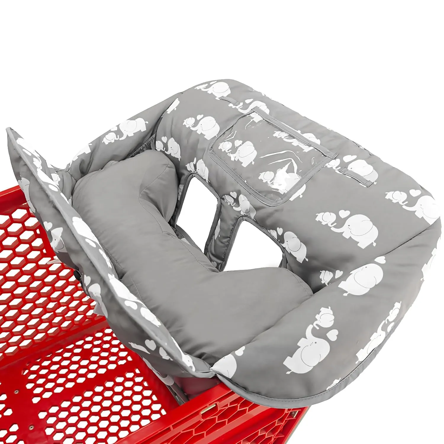 Soft Pillow Attached 2-in-1 Shopping Cart and High Chair Cover for Baby, Cotton Padded Cart Cover, Fold'n Roll Style, Portable with Carry Bag (Gray Elephant)