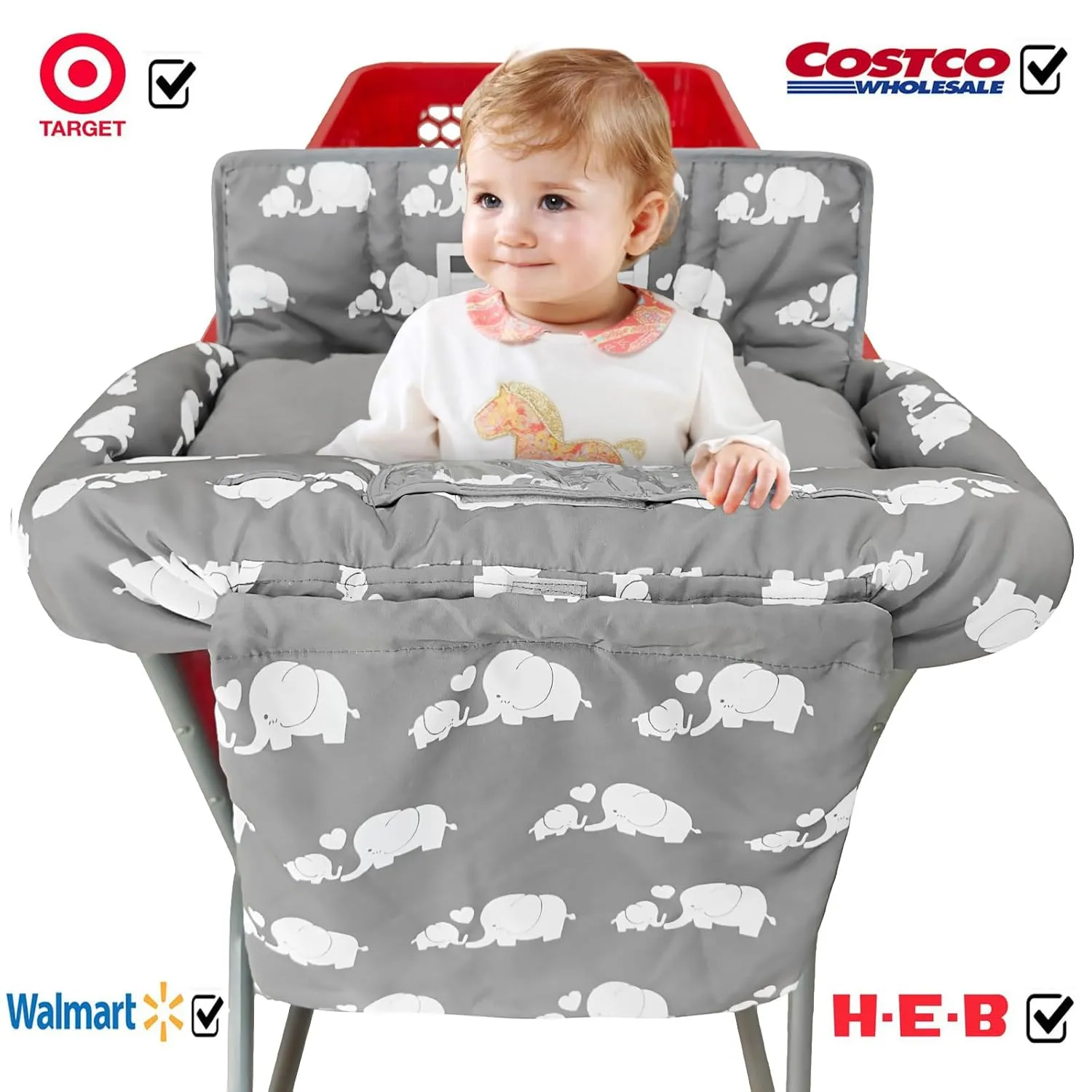 Soft Pillow Attached 2-in-1 Shopping Cart and High Chair Cover for Baby, Cotton Padded Cart Cover, Fold'n Roll Style, Portable with Carry Bag (Gray Elephant)