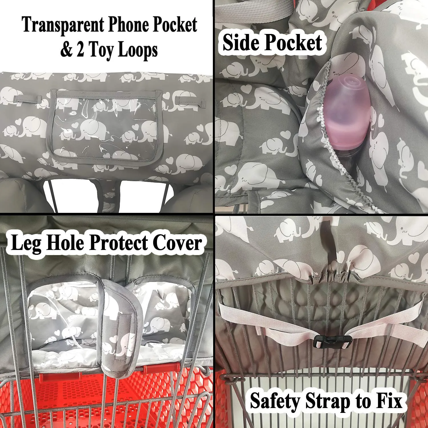 Soft Pillow Attached 2-in-1 Shopping Cart and High Chair Cover for Baby, Cotton Padded Cart Cover, Fold'n Roll Style, Portable with Carry Bag (Gray Elephant)