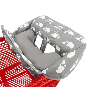 Soft Pillow Attached 2-in-1 Shopping Cart and High Chair Cover for Baby, Cotton Padded Cart Cover, Fold'n Roll Style, Portable with Carry Bag (Gray Elephant)