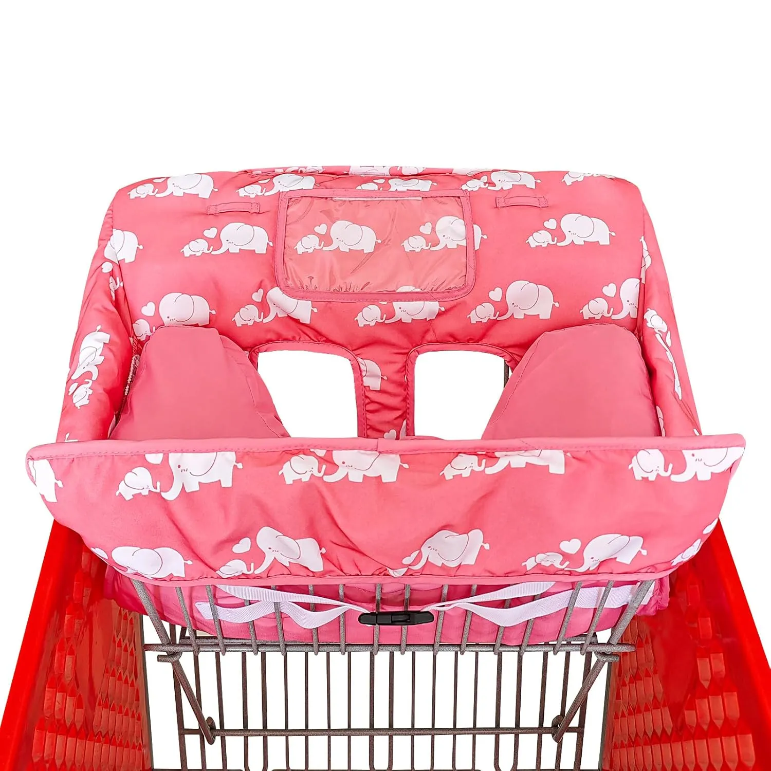 Soft Pillow Attached 2-in-1 Shopping Cart and High Chair Cover for Baby, Cotton Padded Cart Cover, Fold'n Roll Style, Portable with Carry Bag (Pink Elephant)