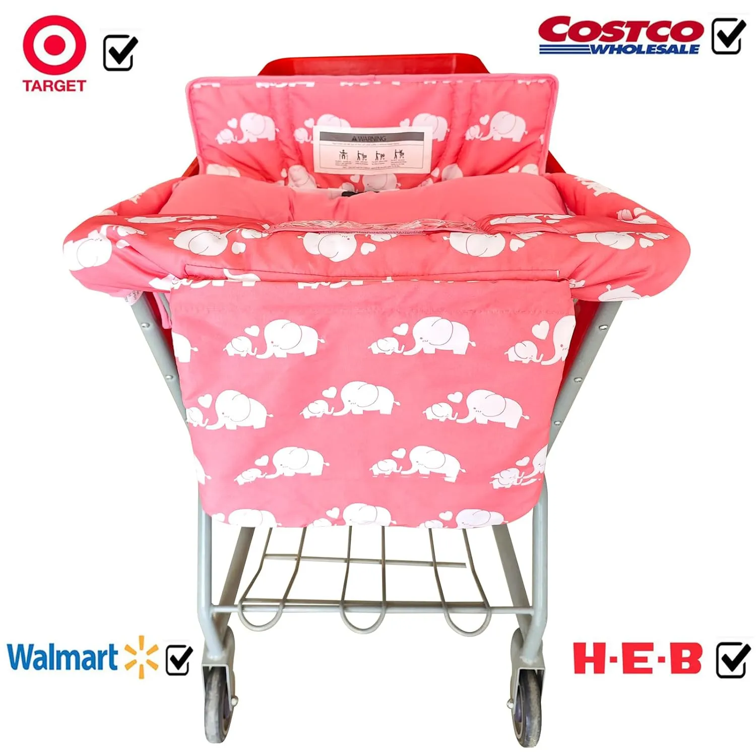 Soft Pillow Attached 2-in-1 Shopping Cart and High Chair Cover for Baby, Cotton Padded Cart Cover, Fold'n Roll Style, Portable with Carry Bag (Pink Elephant)