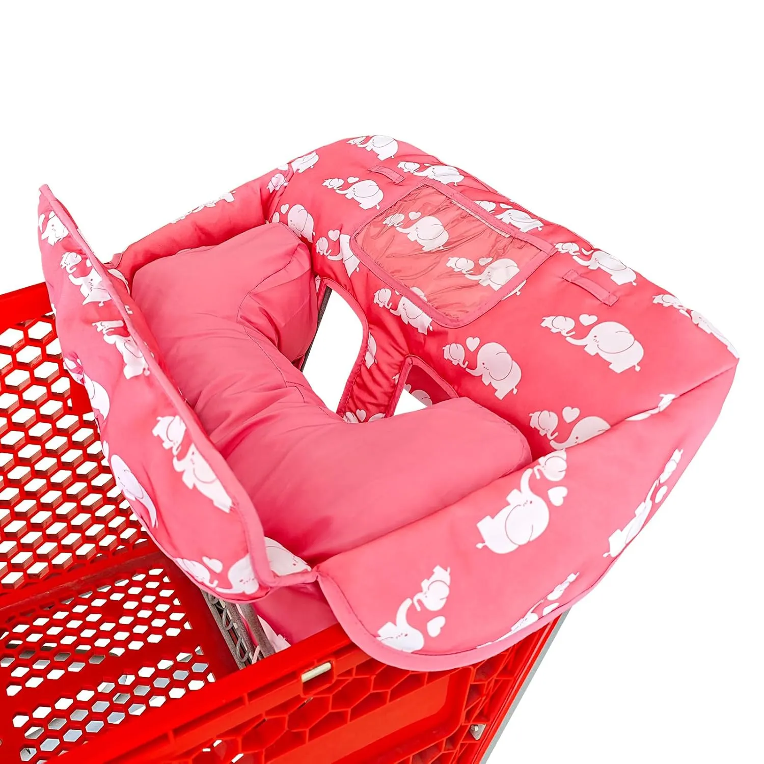 Soft Pillow Attached 2-in-1 Shopping Cart and High Chair Cover for Baby, Cotton Padded Cart Cover, Fold'n Roll Style, Portable with Carry Bag (Pink Elephant)