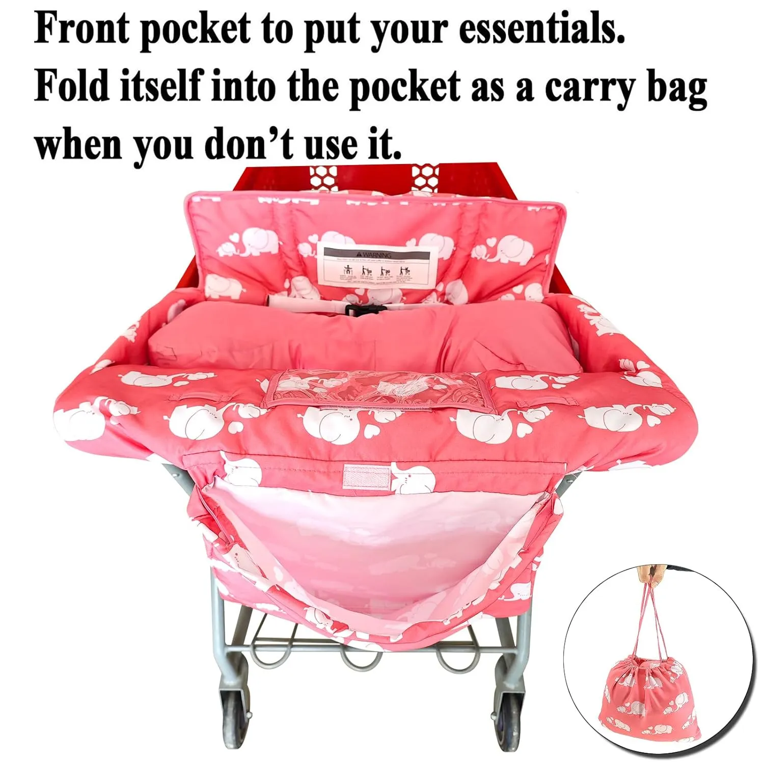 Soft Pillow Attached 2-in-1 Shopping Cart and High Chair Cover for Baby, Cotton Padded Cart Cover, Fold'n Roll Style, Portable with Carry Bag (Pink Elephant)