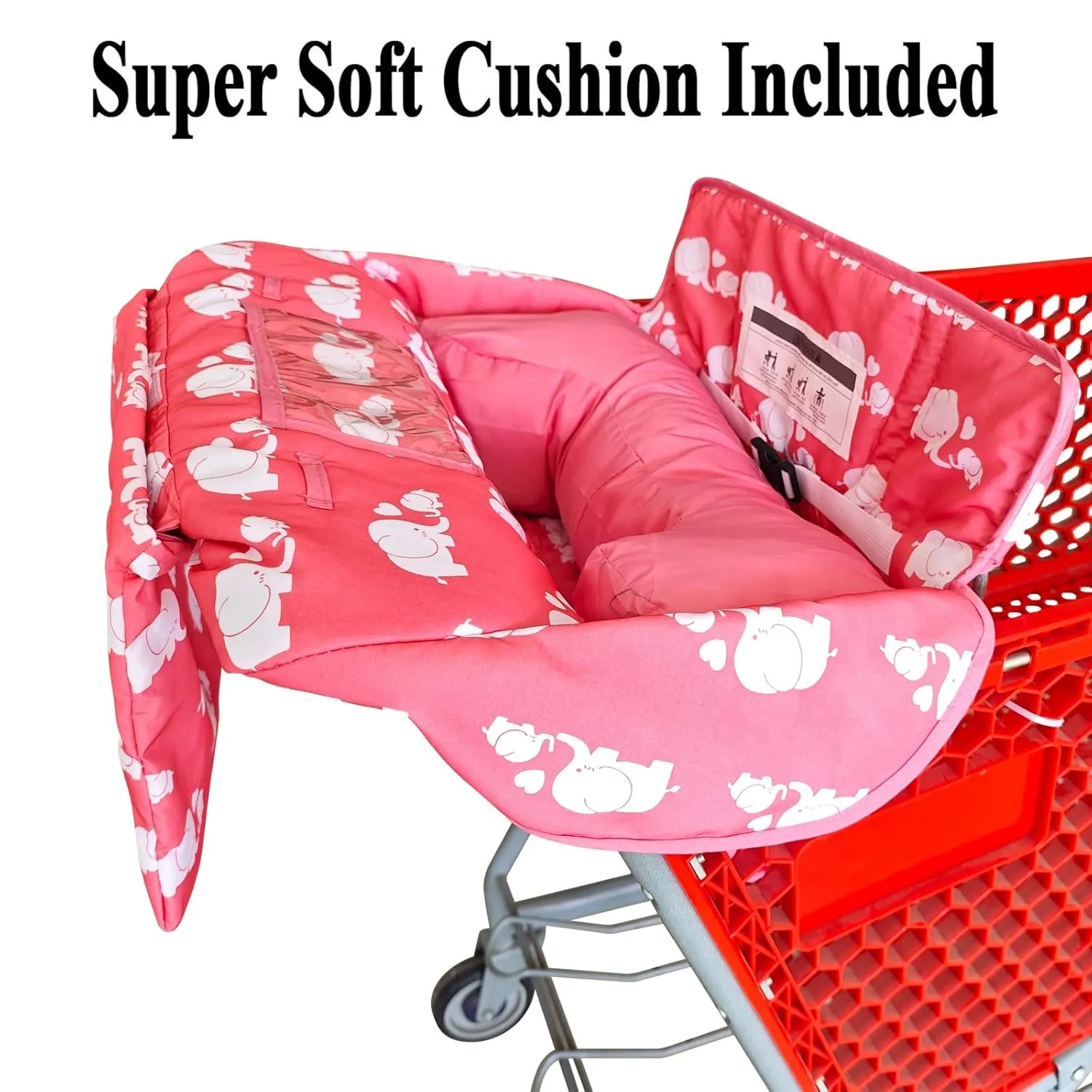 Soft Pillow Attached 2-in-1 Shopping Cart and High Chair Cover for Baby, Cotton Padded Cart Cover, Fold'n Roll Style, Portable with Carry Bag (Pink Elephant)
