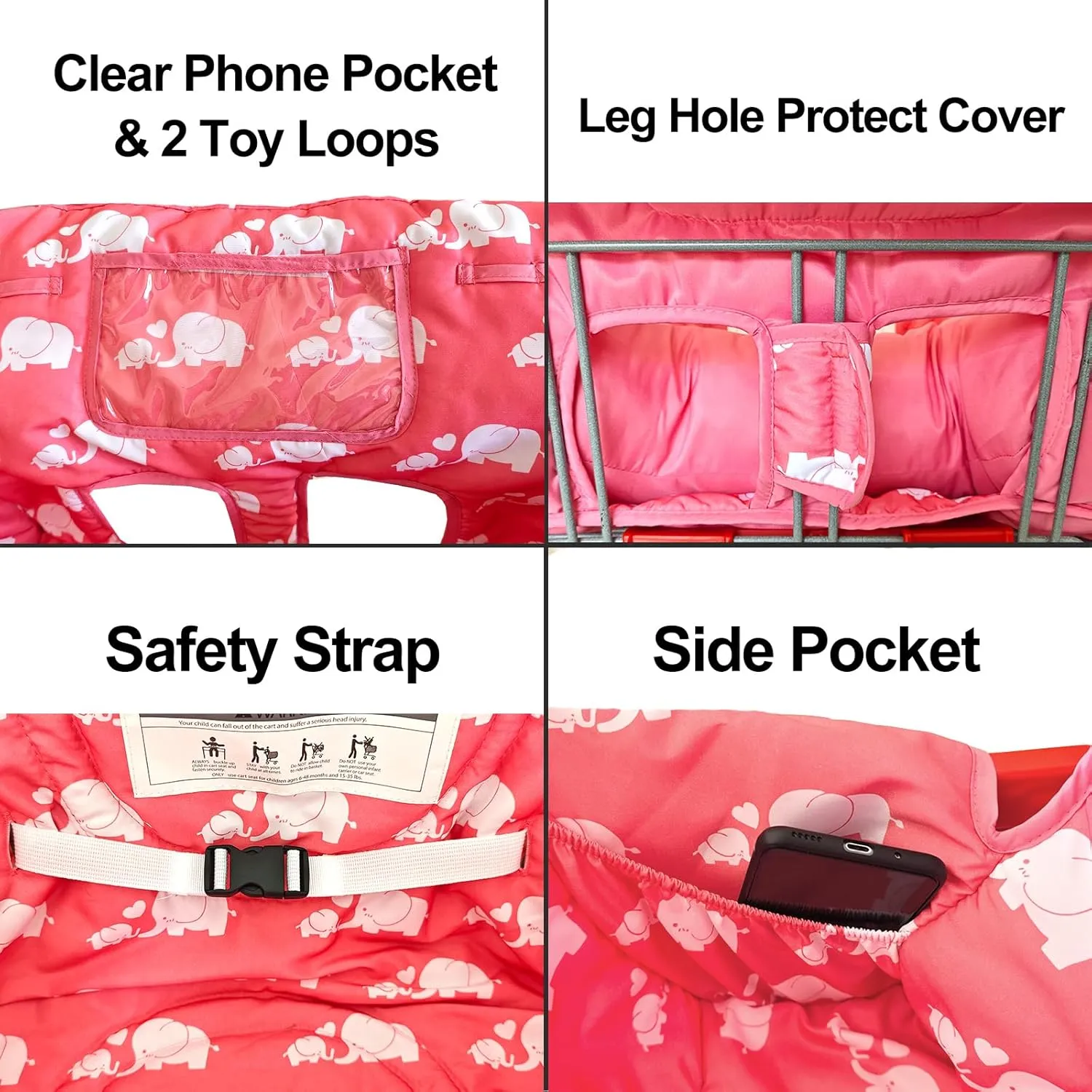 Soft Pillow Attached 2-in-1 Shopping Cart and High Chair Cover for Baby, Cotton Padded Cart Cover, Fold'n Roll Style, Portable with Carry Bag (Pink Elephant)