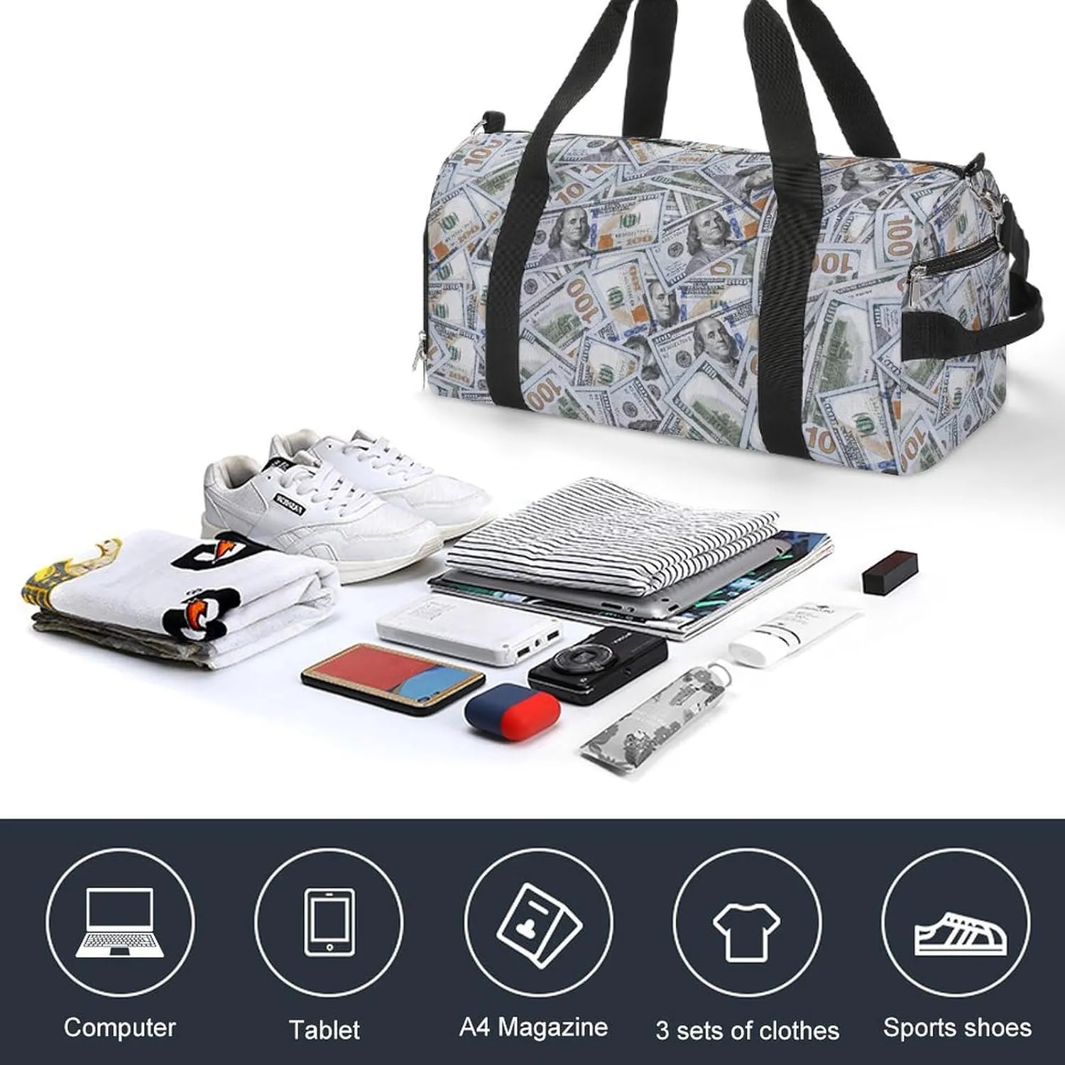 Sport Gym Duffel with Shoe Compartment Wet Pocket, Dollar-bills-texture Shoulder Travel Bag for Women Men, style