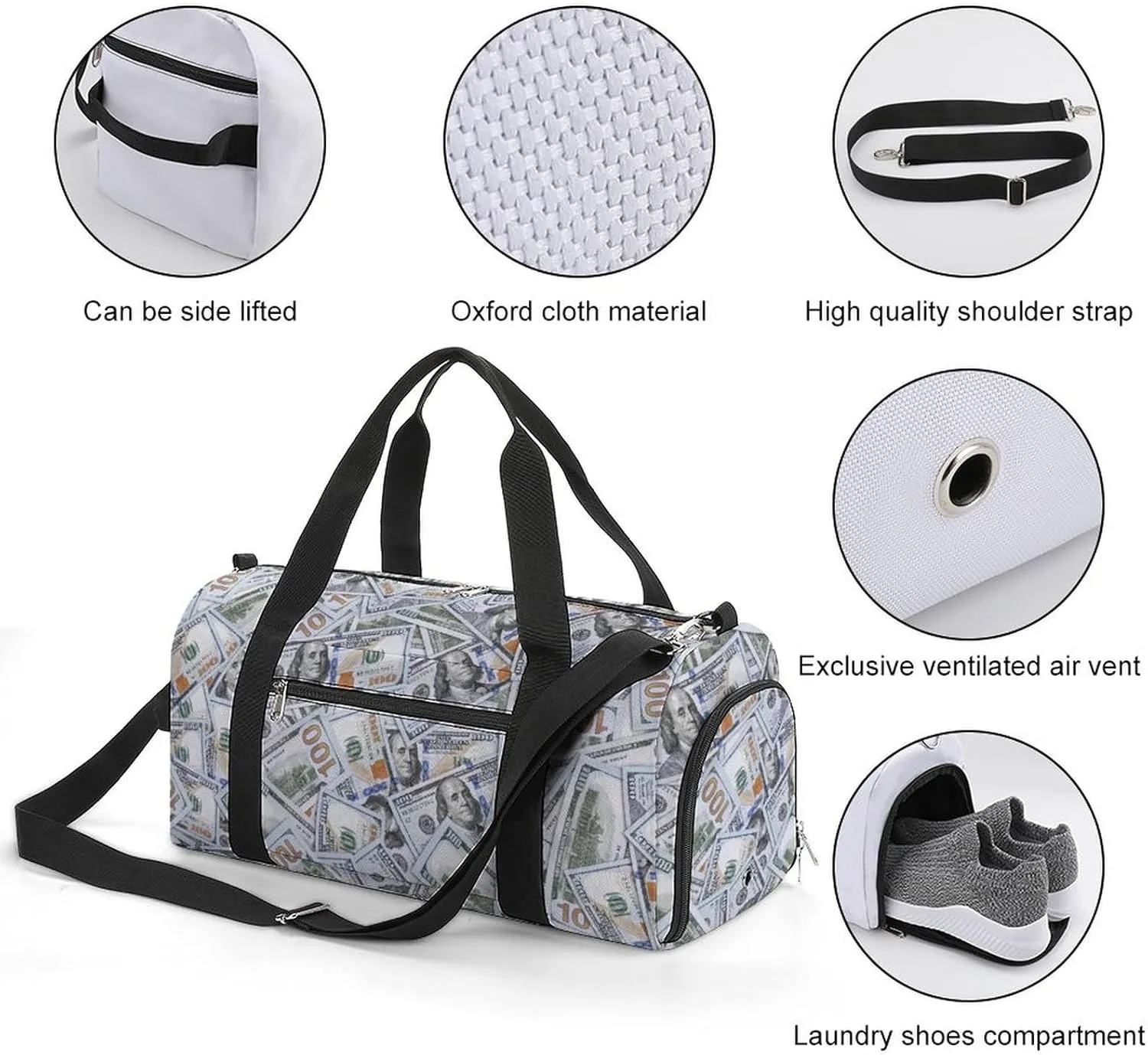 Sport Gym Duffel with Shoe Compartment Wet Pocket, Dollar-bills-texture Shoulder Travel Bag for Women Men, style