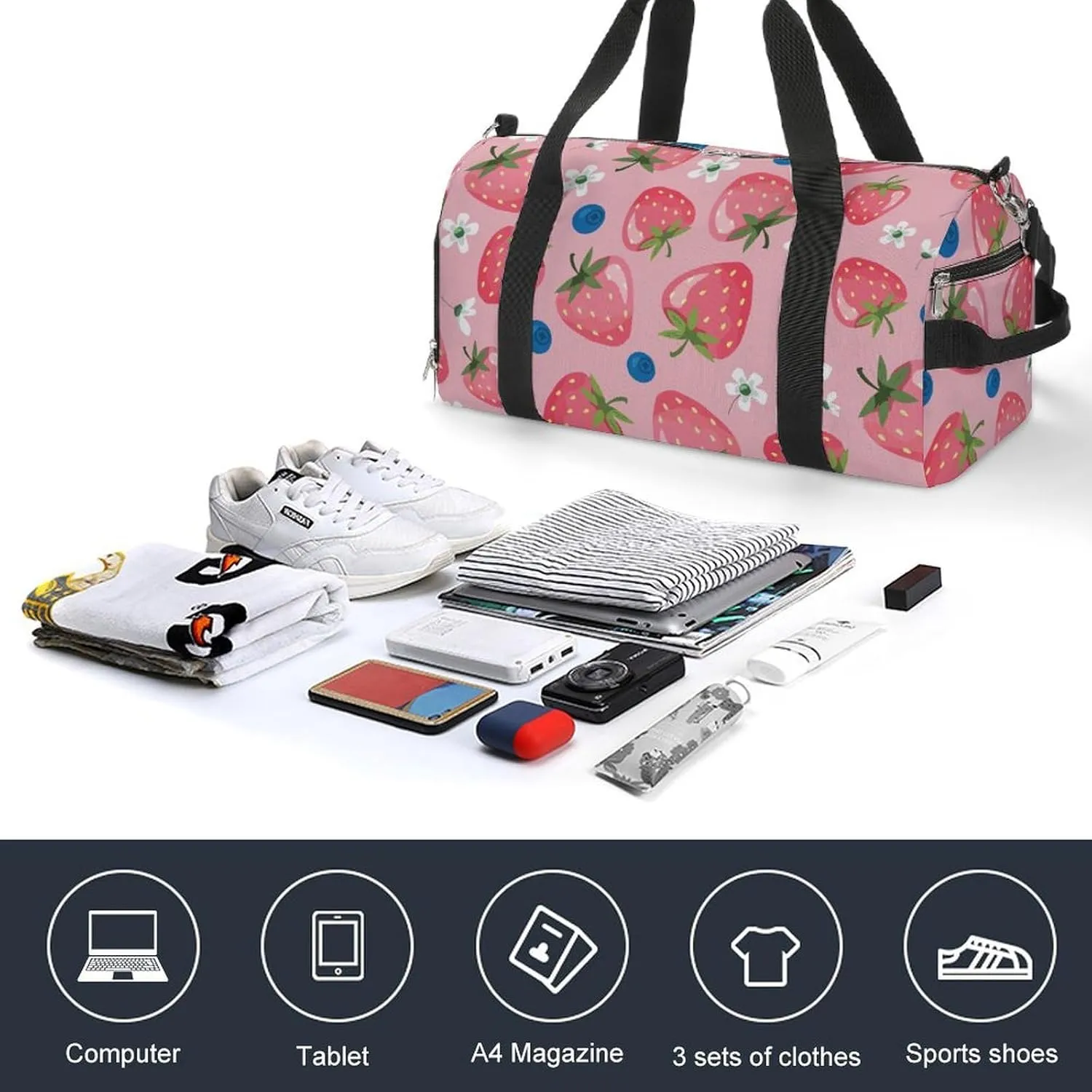 Sport Gym Duffel with Shoe Compartment Wet Pocket, Strawberry-summer-pattern Shoulder Travel Bag for Women Men