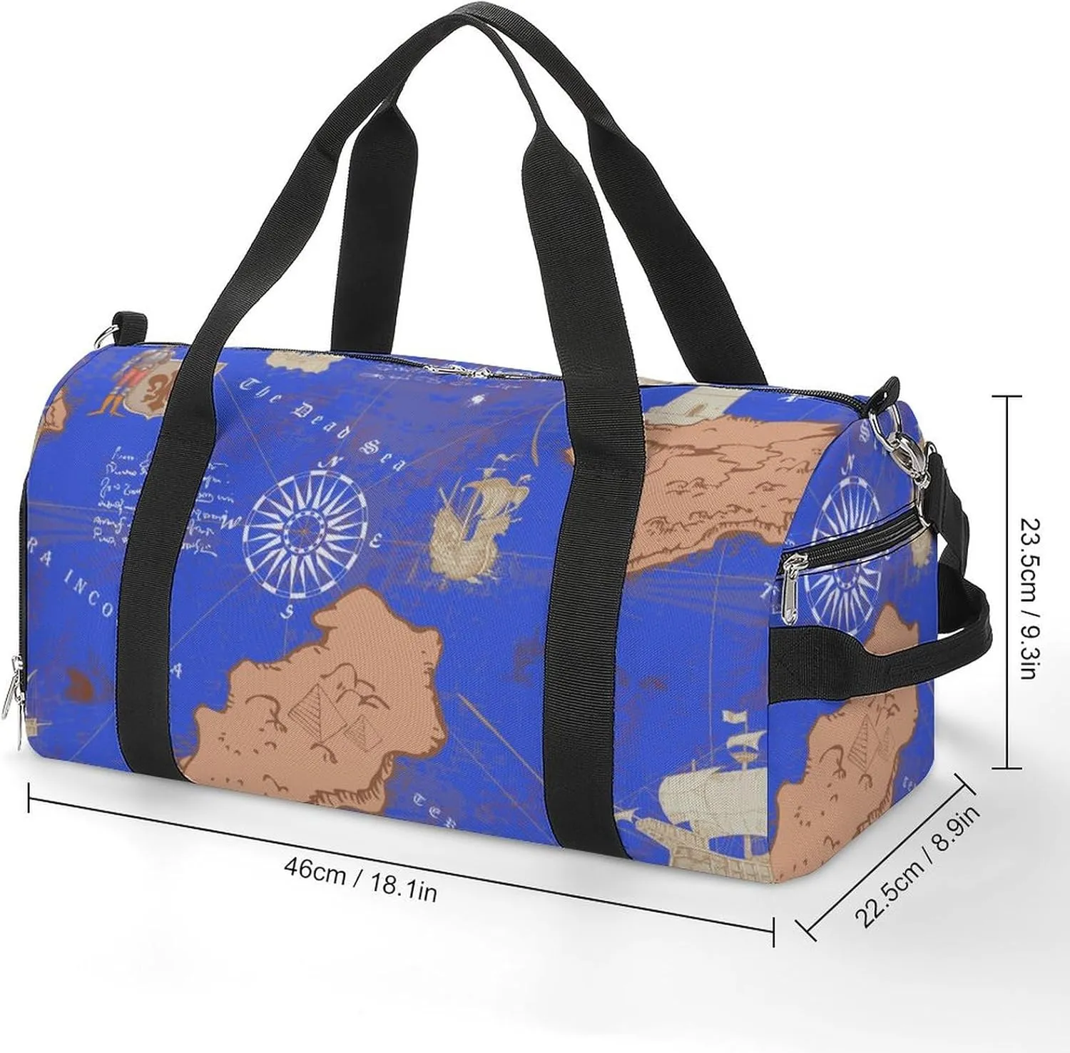 Sport Gym Duffel with Shoe Compartment Wet Pocket, Vintage-nautical-map-style Shoulder Travel Bag for Women Men
