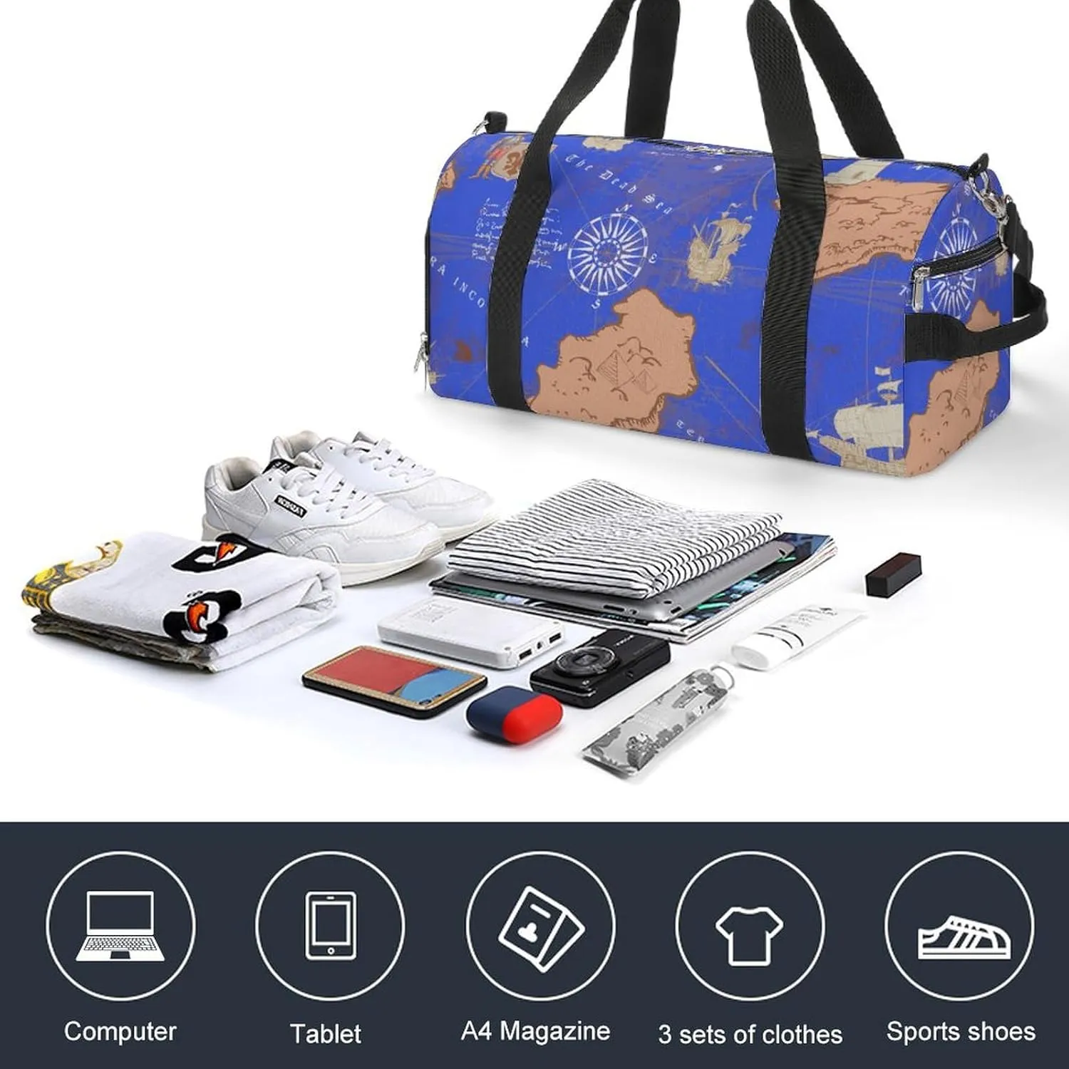 Sport Gym Duffel with Shoe Compartment Wet Pocket, Vintage-nautical-map-style Shoulder Travel Bag for Women Men