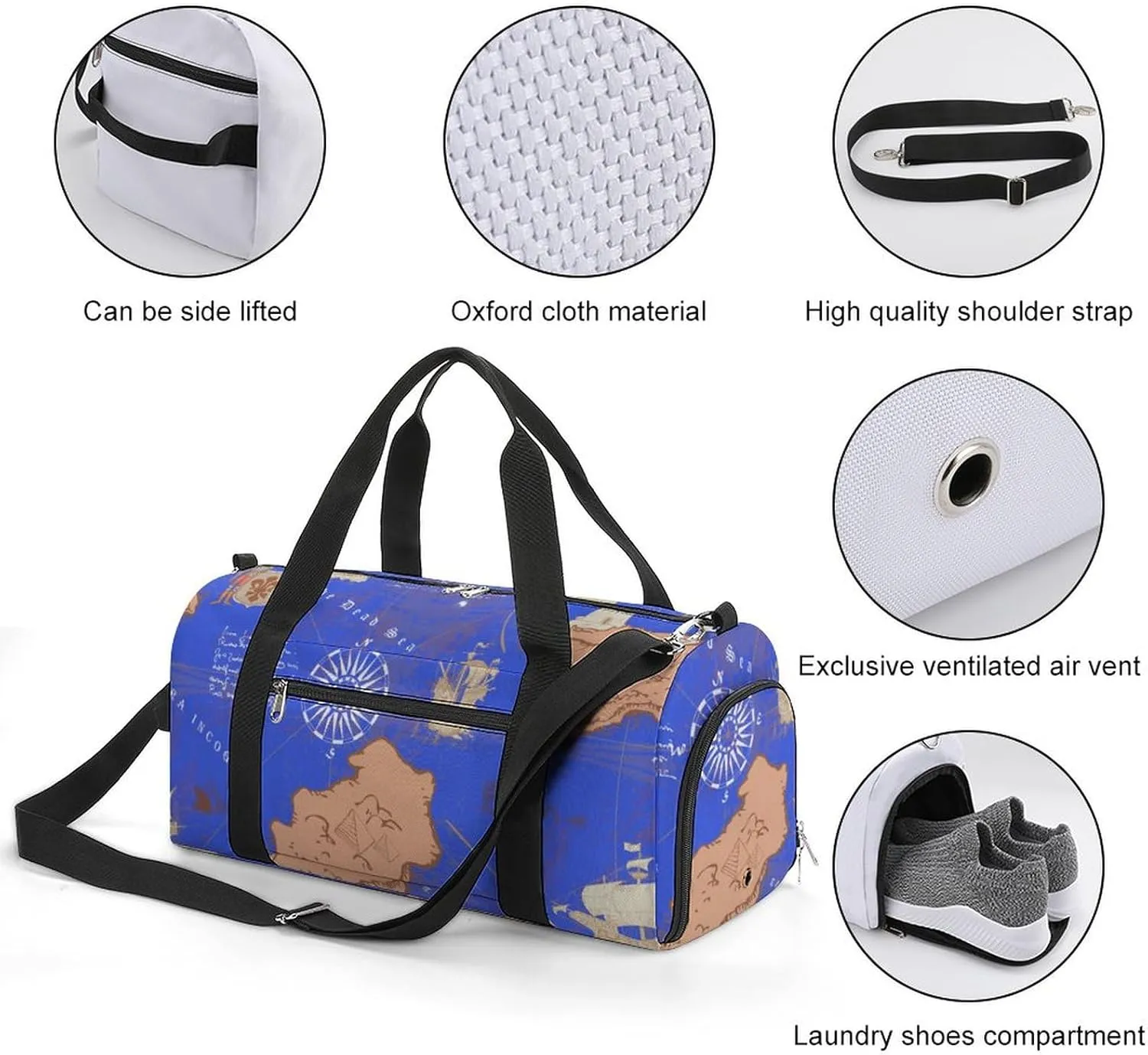 Sport Gym Duffel with Shoe Compartment Wet Pocket, Vintage-nautical-map-style Shoulder Travel Bag for Women Men