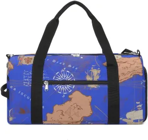 Sport Gym Duffel with Shoe Compartment Wet Pocket, Vintage-nautical-map-style Shoulder Travel Bag for Women Men