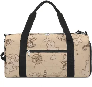 Sport Gym Duffel with Shoe Compartment Wet Pocket, Vintage-nautical-pattern Shoulder Travel Bag for Women Men, style-3