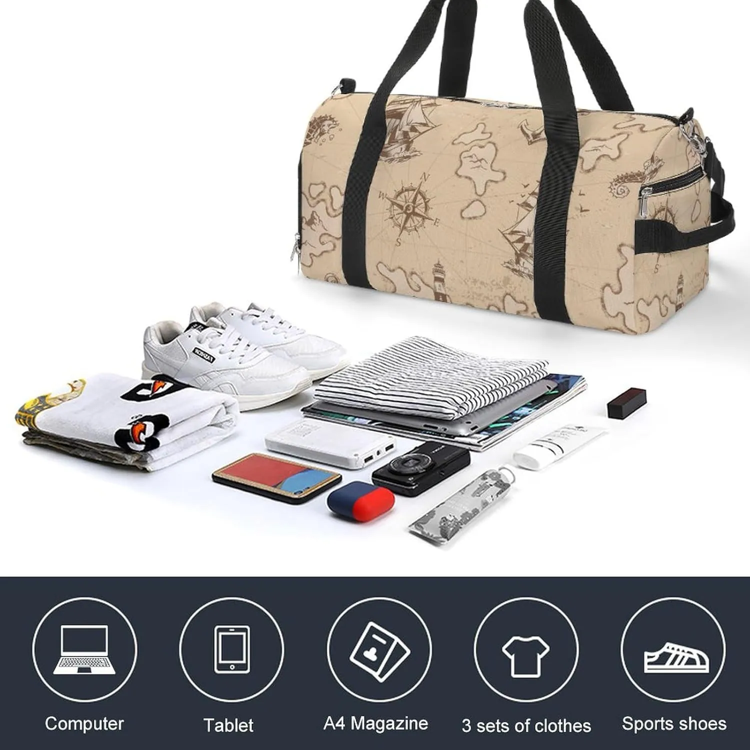 Sport Gym Duffel with Shoe Compartment Wet Pocket, Vintage-nautical-pattern Shoulder Travel Bag for Women Men, style-3
