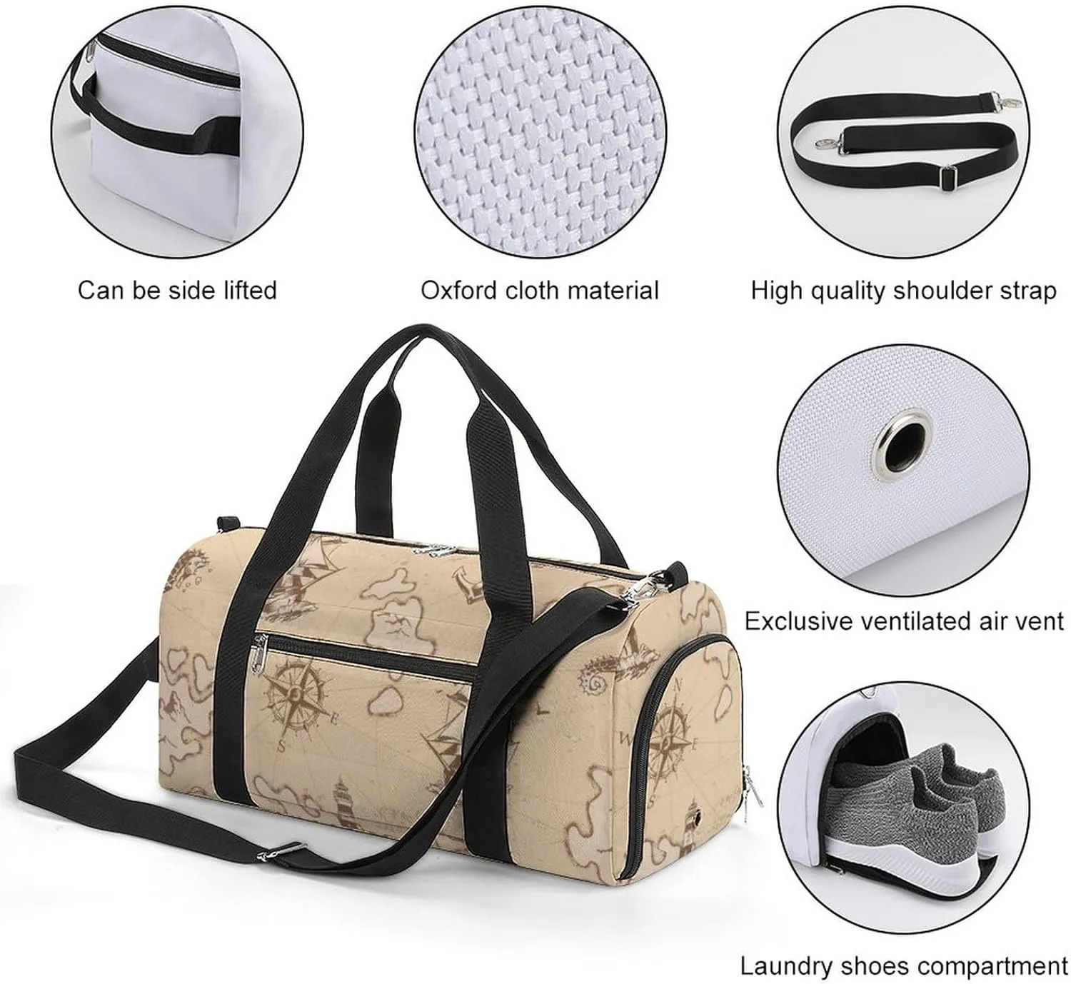 Sport Gym Duffel with Shoe Compartment Wet Pocket, Vintage-nautical-pattern Shoulder Travel Bag for Women Men, style-3