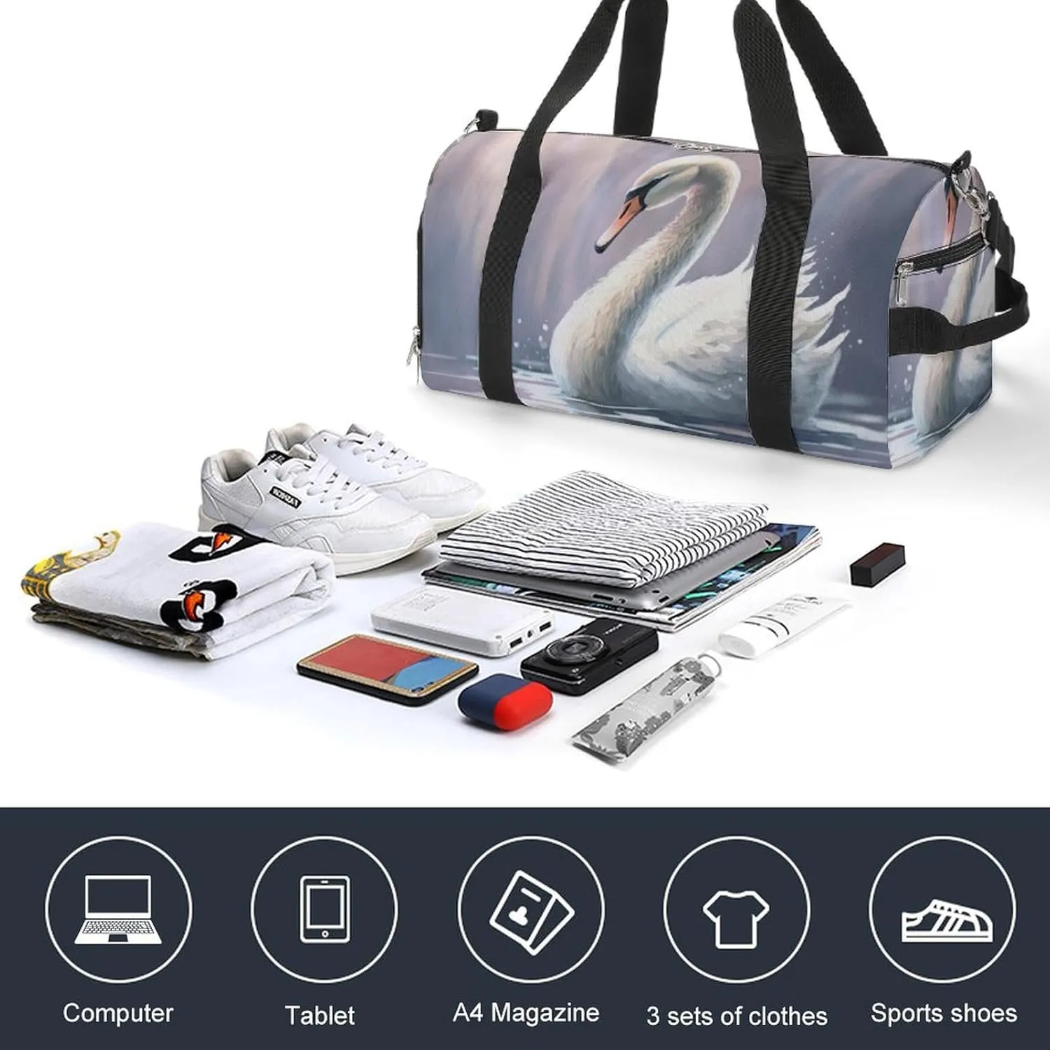 Sport Gym Duffel with Shoe Compartment Wet Pocket, Watercolor Swan-cartoon Style Shoulder Travel Bag for Women Men